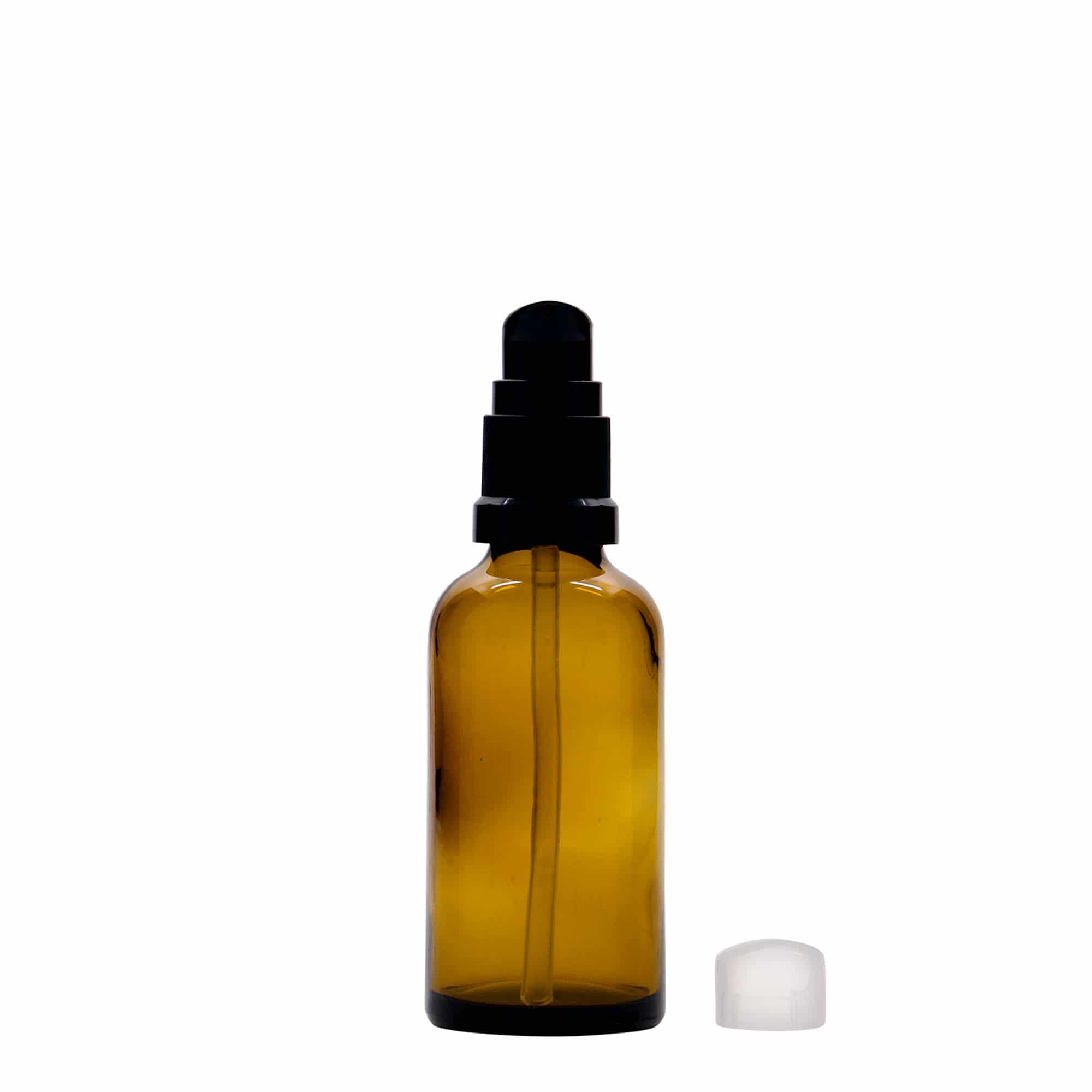 Frasco médico de 50 ml com bomba de loção, vidro, castanho, boca: DIN 18 Frasco médico de 50 ml com bomba de loção, vidro, castanho, boca: DIN 18