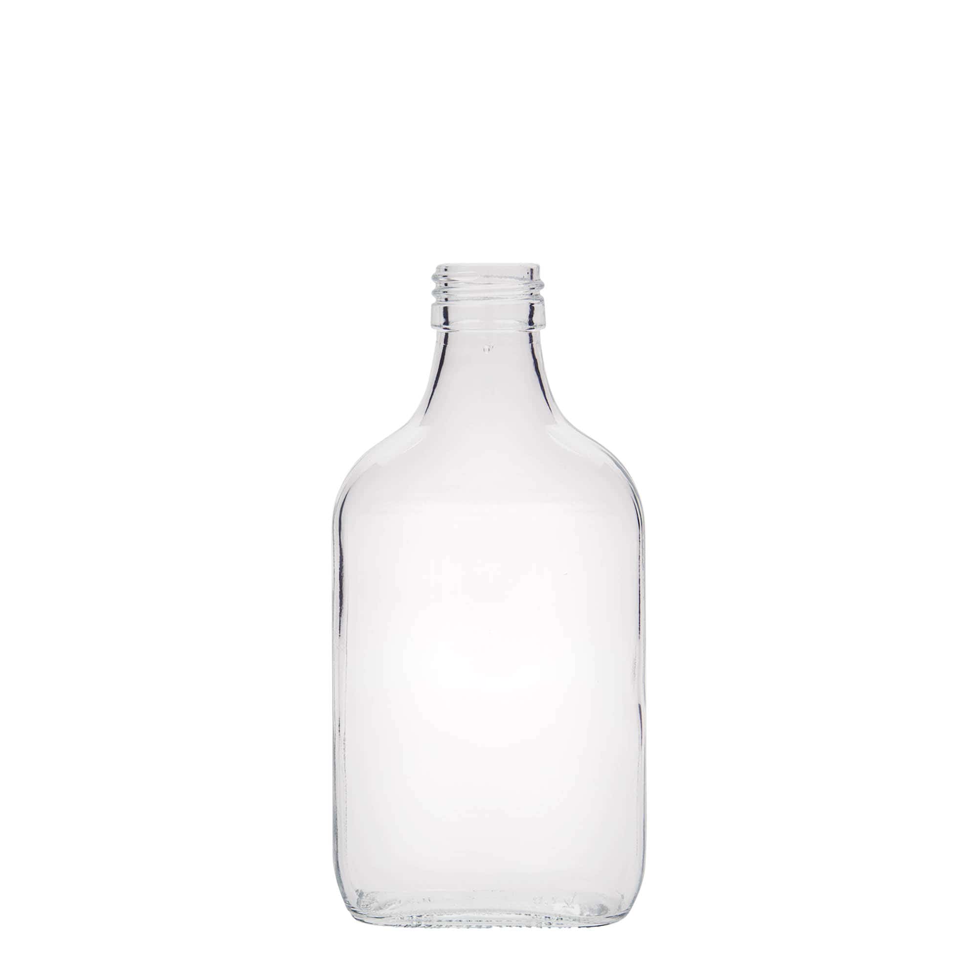 200 ml Garrafa de bolso, retangular, vidro, boca: PP 28 200 ml Garrafa de bolso, retangular, vidro, boca: PP 28