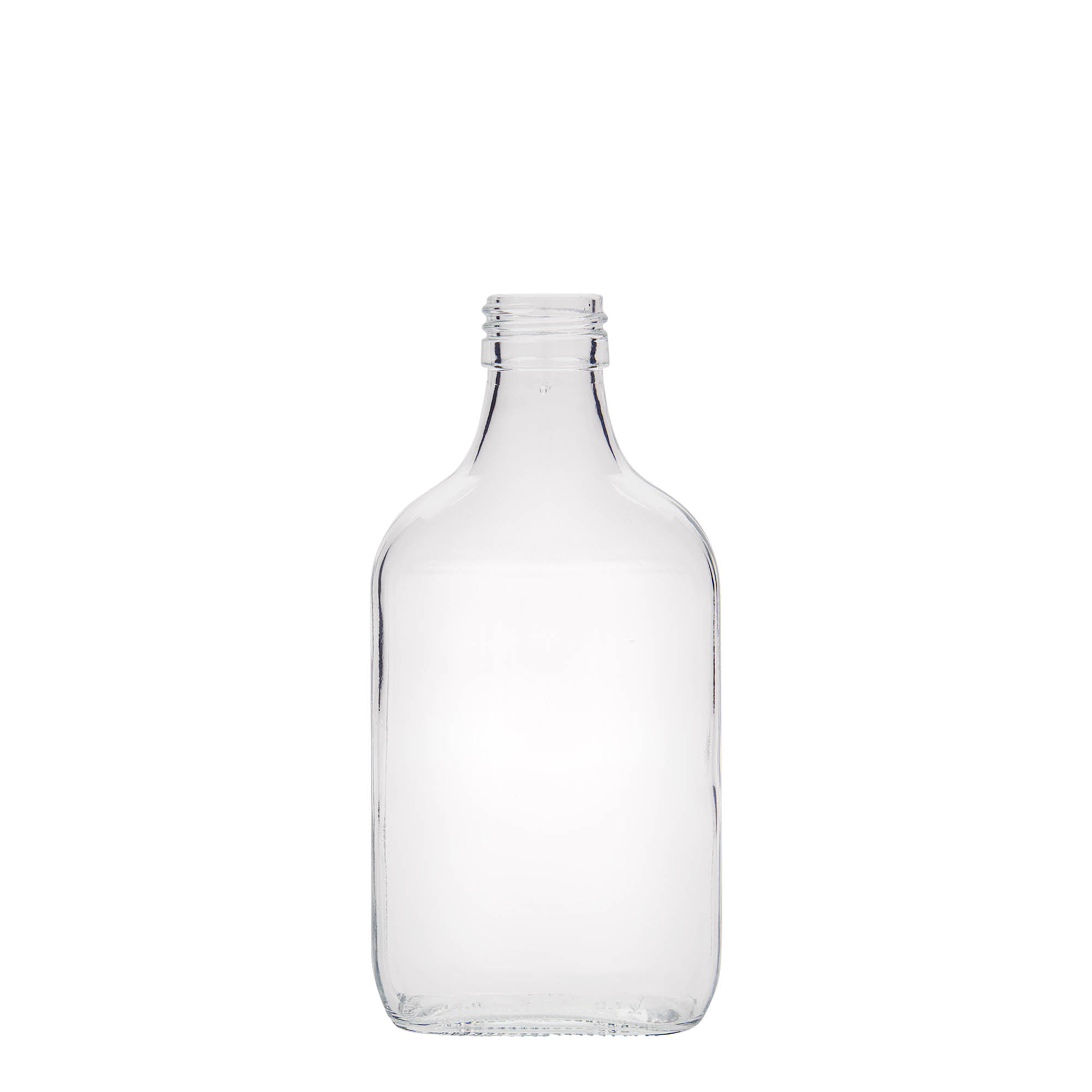 Frasco de bolso de 200 ml, retangular, vidro, boca: PP 28 Frasco de bolso de 200 ml, retangular, vidro, boca: PP 28