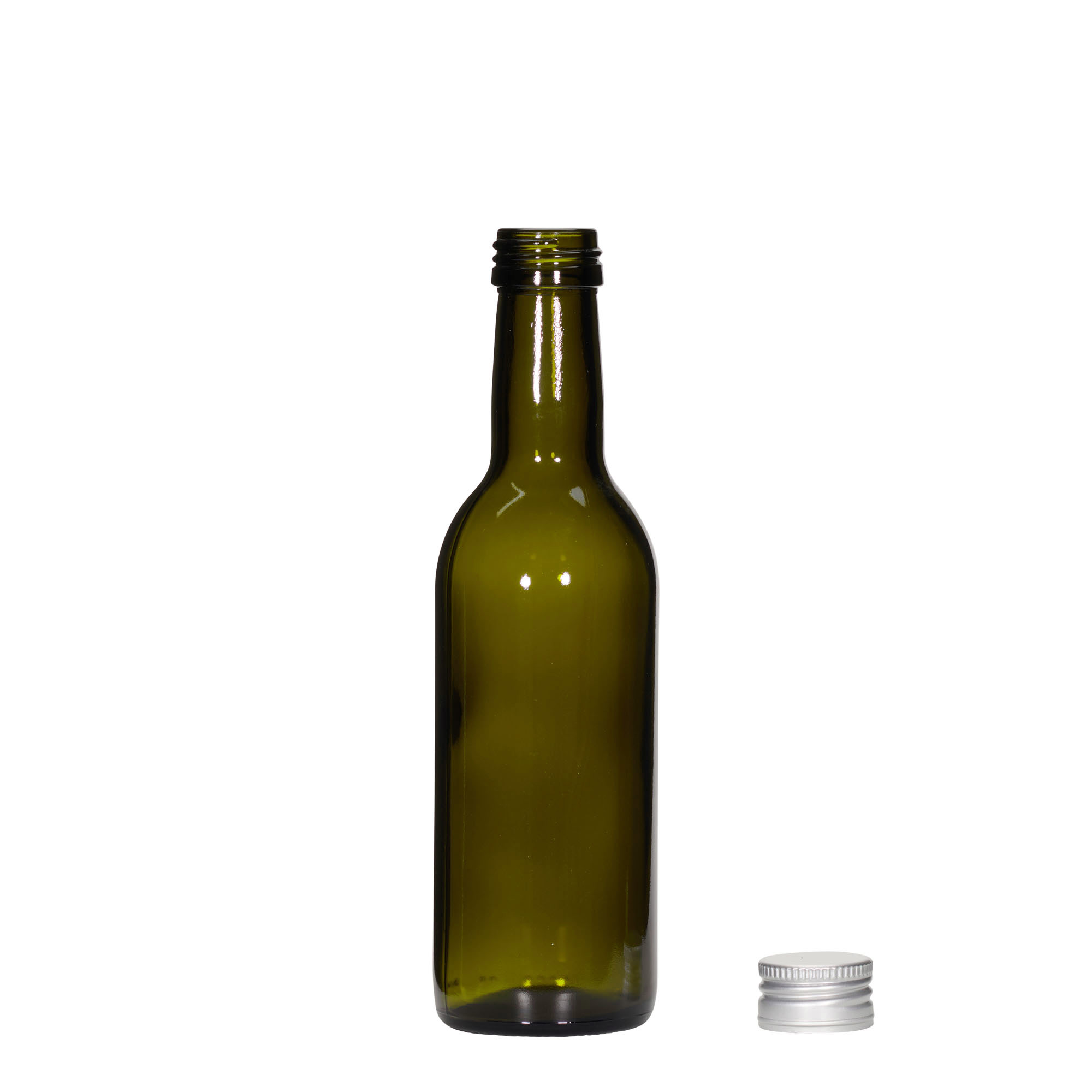 Frasco de vidro 250 ml 'Bordeaux', verde antigo, boca: PP 28 Frasco de vidro 250 ml 'Bordeaux', verde antigo, boca: PP 28