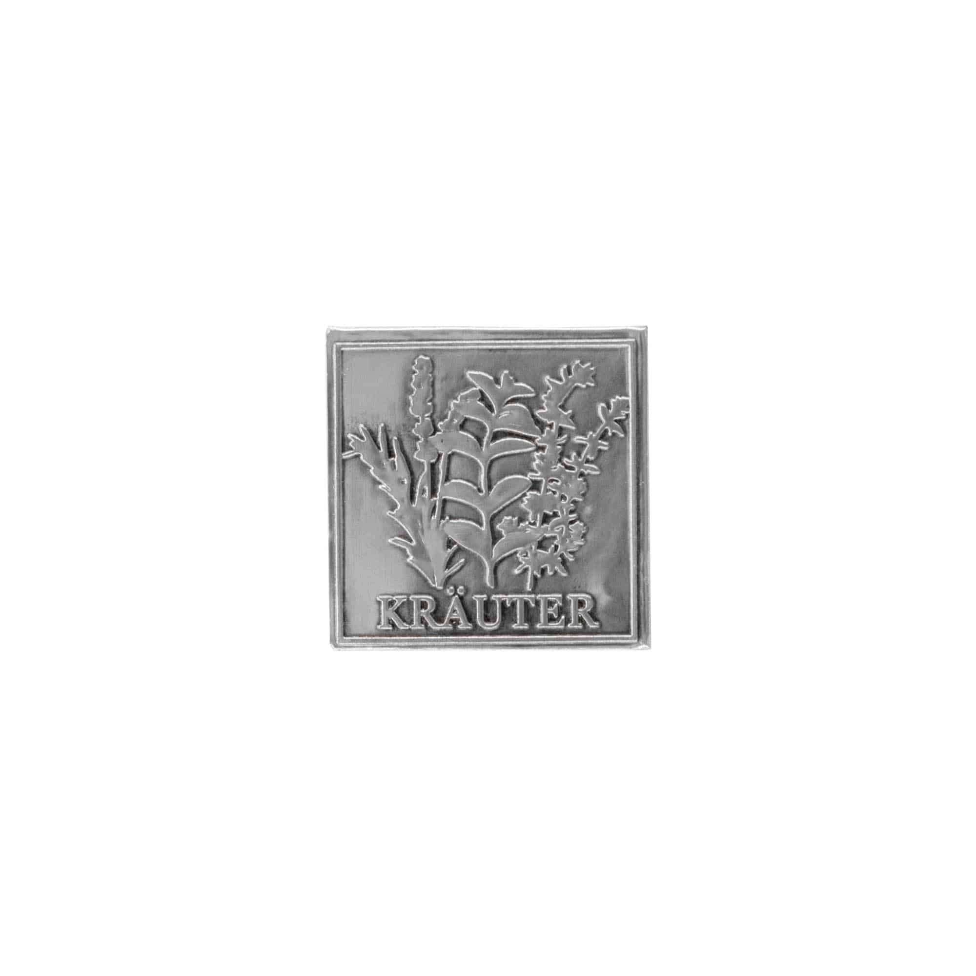 Etiqueta de estanho 'Ervas', quadrada, metal, prateada