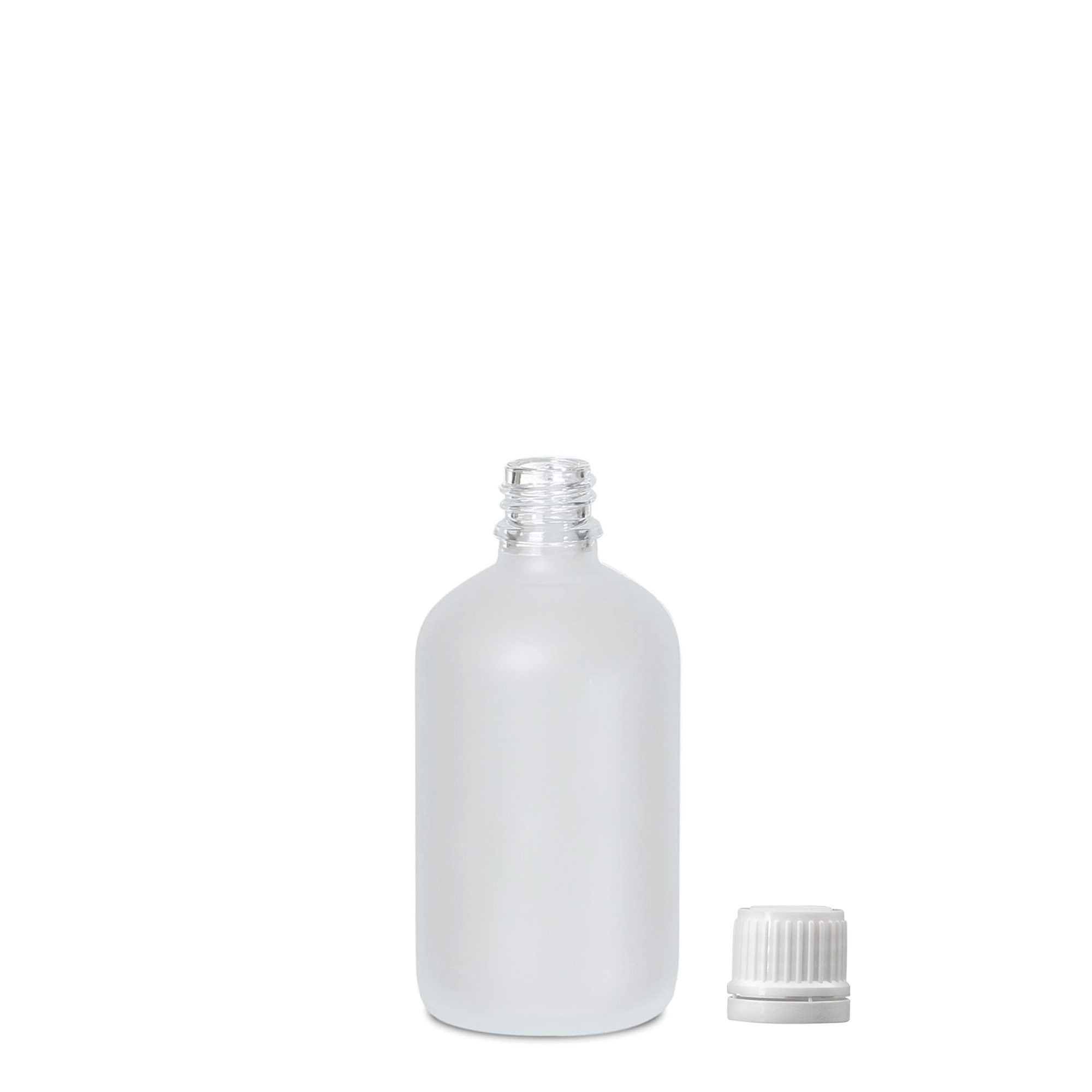 Frasco de medicamento de 100 ml, vidro, fosco, boca: DIN 18 Frasco de medicamento de 100 ml, vidro, fosco, boca: DIN 18