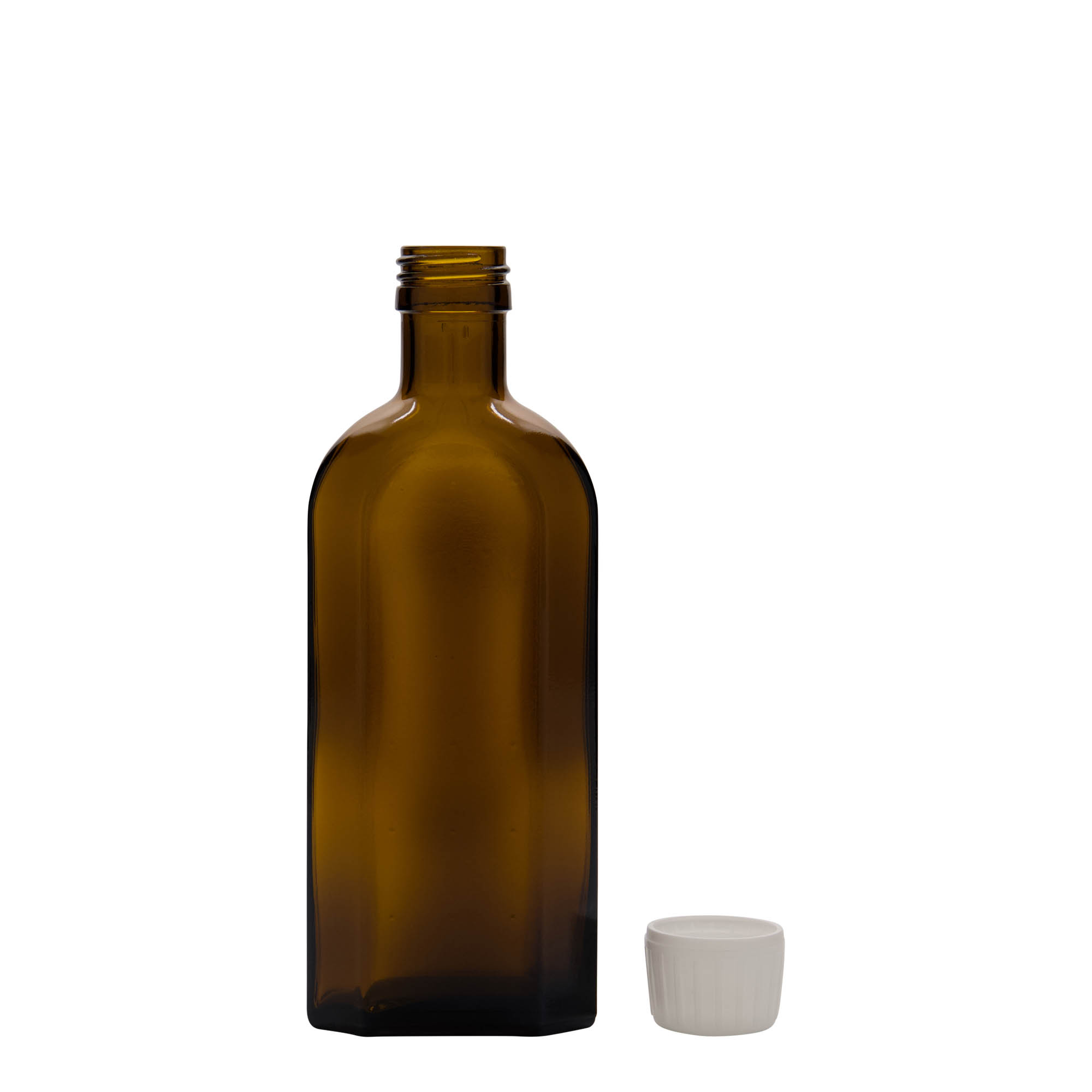 Frasco medicinal de 250 ml Meplat, oval, vidro, castanho, abertura: PP 28 Frasco medicinal de 250 ml Meplat, oval, vidro, castanho, abertura: PP 28