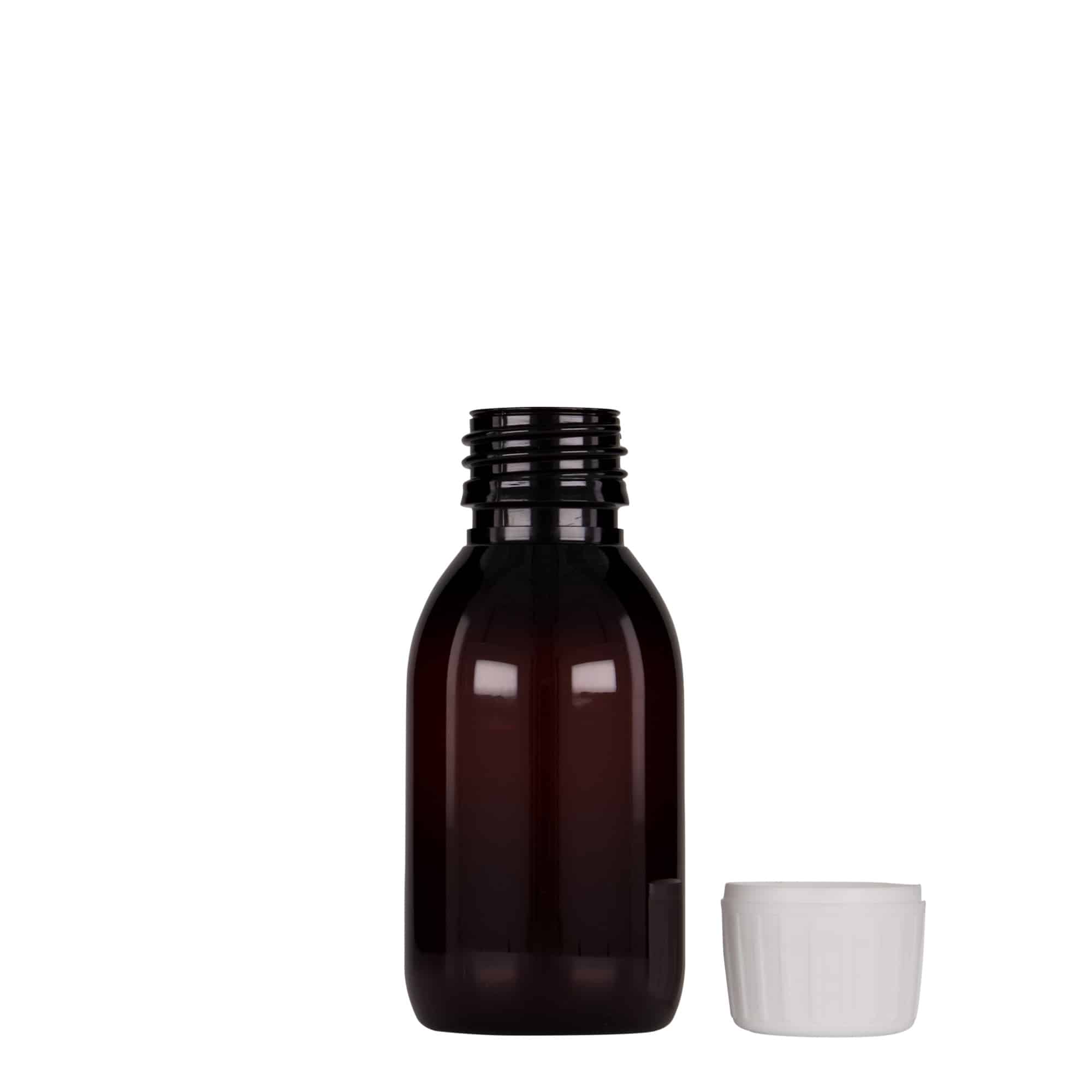100 ml Frasco de medicamentos PET, castanho, plástico, boca: PP 28