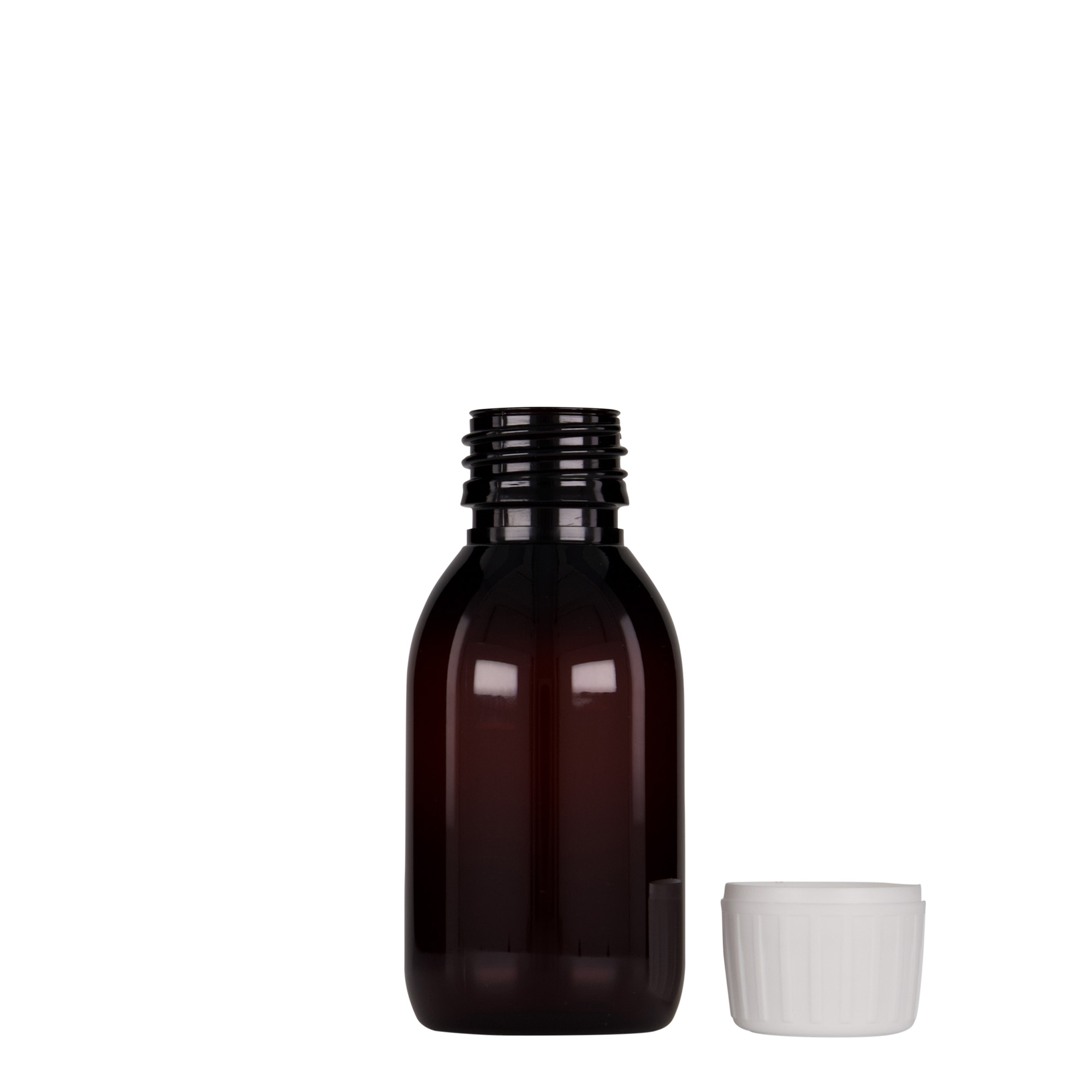 Frasco médico PET de 100 ml, castanho, plástico, boca: PP 28 Frasco médico PET de 100 ml, castanho, plástico, boca: PP 28