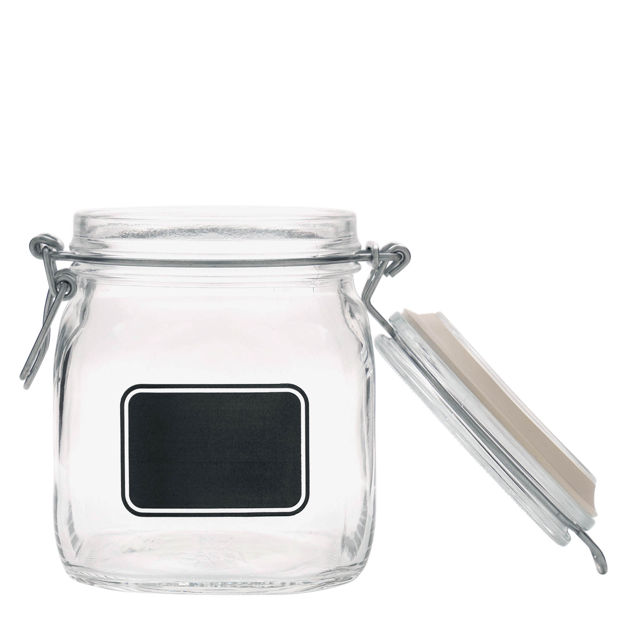 Frasco de vidro com tampa de arame de 750 ml 'Fido', motivo: campo para etiquetas, quadrado, abertura: fecho de arame Frasco de vidro com tampa de arame de 750 ml 'Fido', motivo: campo para etiquetas, quadrado, abertura: fecho de arame