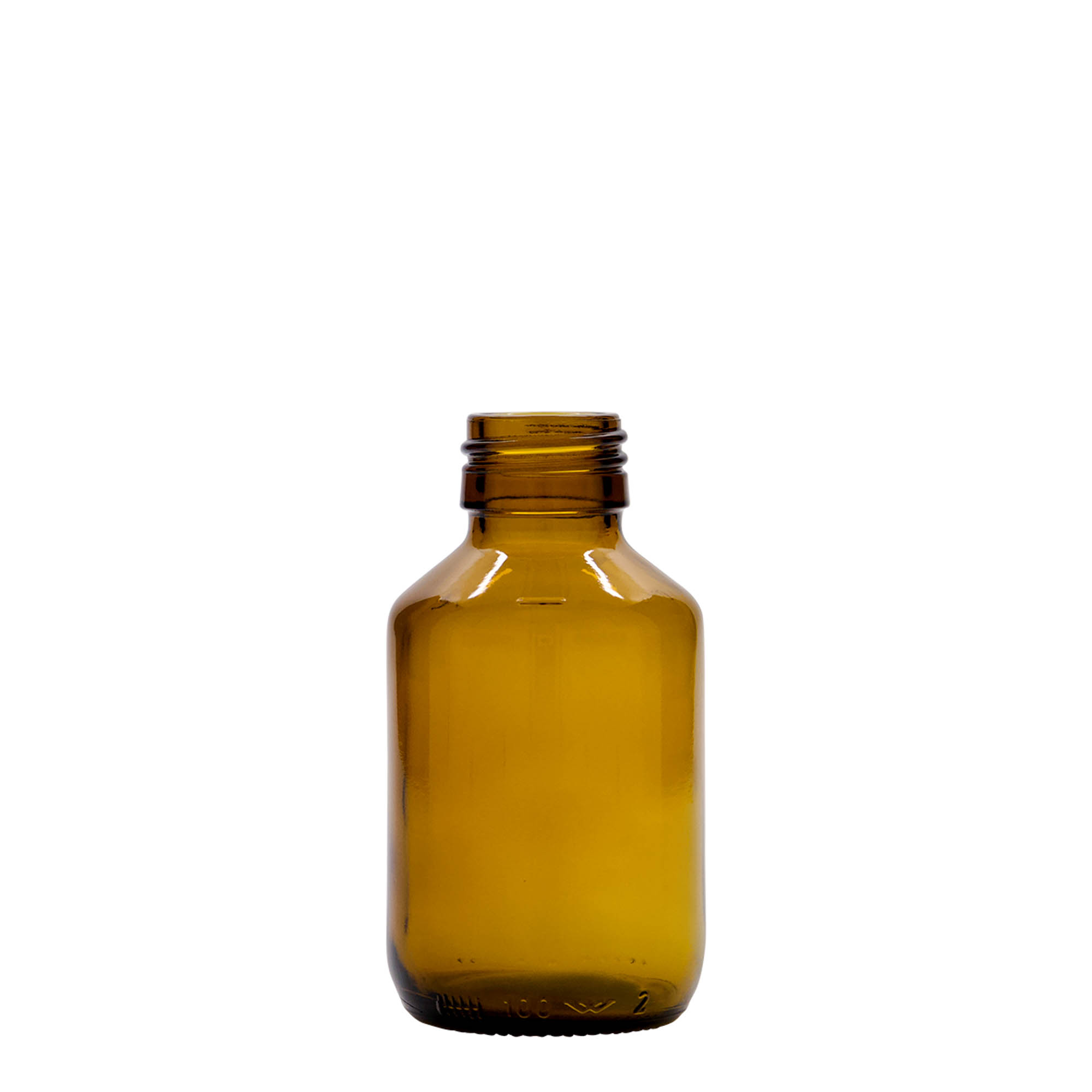 Frasco médico de 100 ml, castanho, vidro, boca: PP 28 Frasco médico de 100 ml, castanho, vidro, boca: PP 28