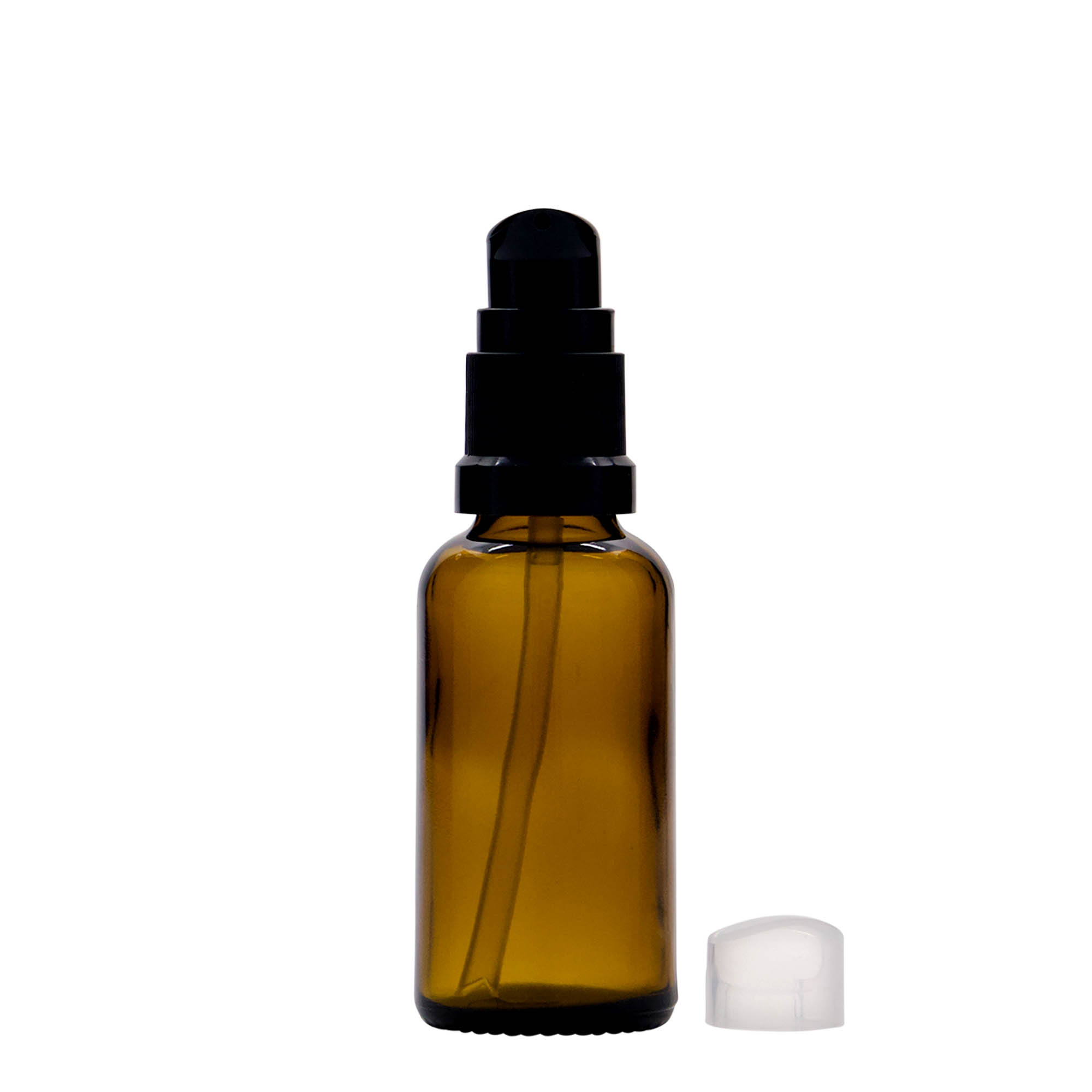 Frasco médico de 30 ml com bomba doseadora, vidro, castanho, bocal: DIN 18 Frasco médico de 30 ml com bomba doseadora, vidro, castanho, bocal: DIN 18