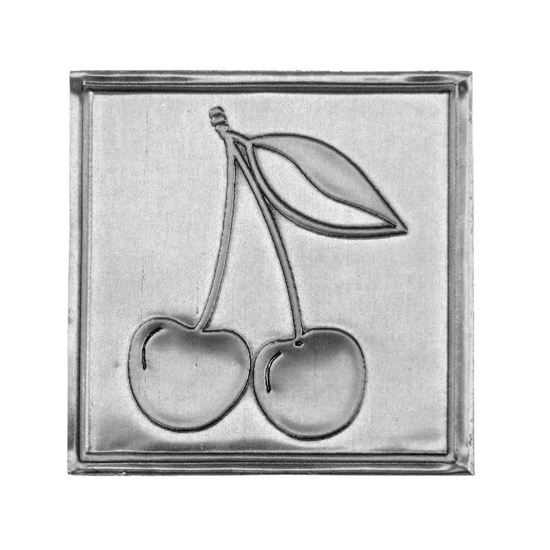 Etiqueta de estanho 'Cereja', quadrada, metal, prata