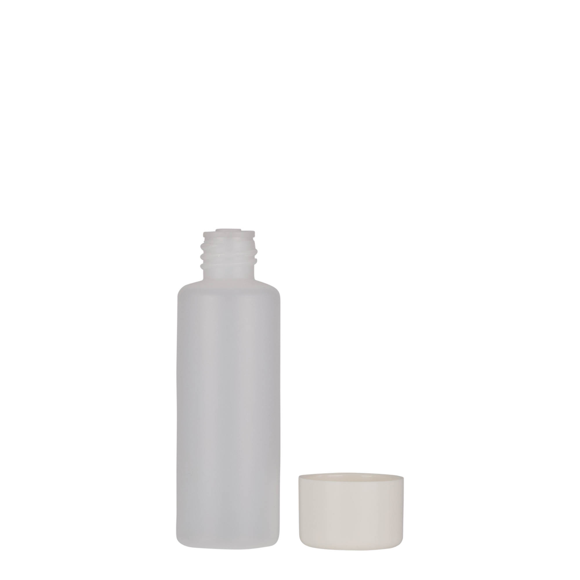 Frasco redondo de 50 ml, plástico PE, natural, bocal: tampa de rosca Frasco redondo de 50 ml, plástico PE, natural, bocal: tampa de rosca