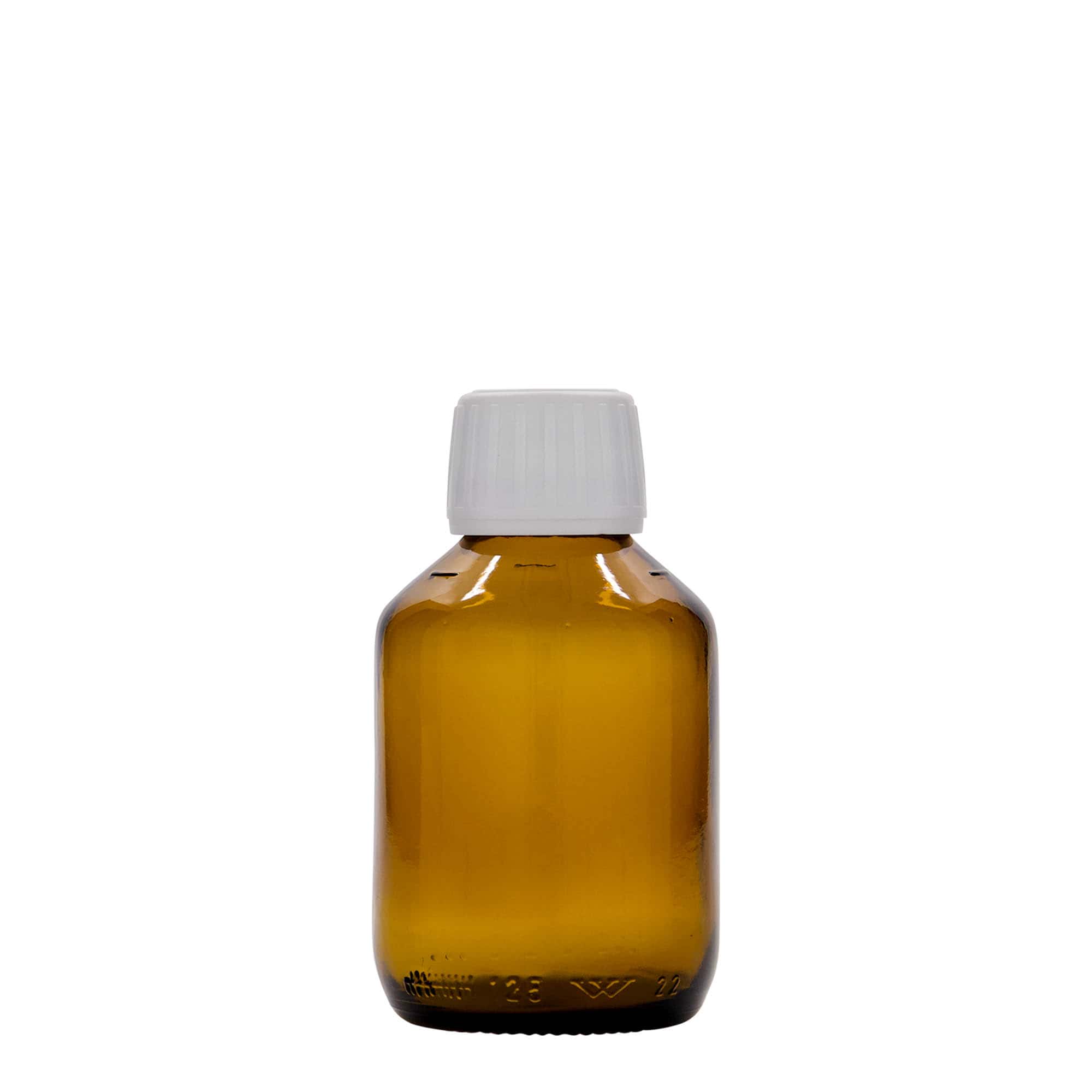 Frasco de medicamento de 125 ml, castanho, vidro, bocal: PP 28