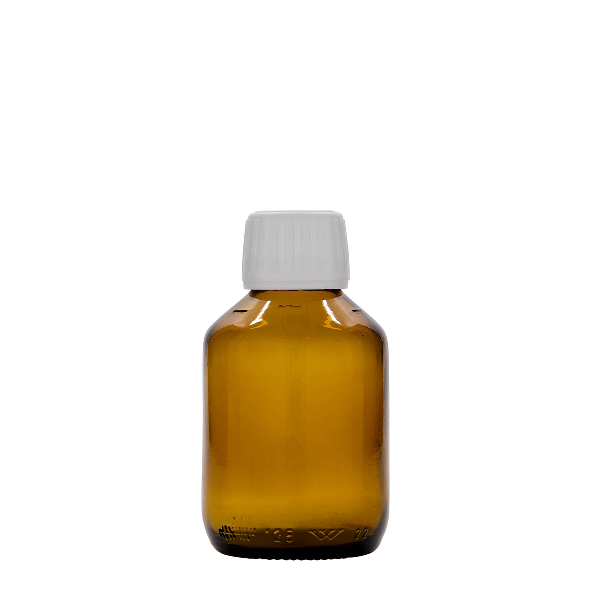 Frasco de medicamento de 125 ml, castanho, vidro, bocal: PP 28 Frasco de medicamento de 125 ml, castanho, vidro, bocal: PP 28