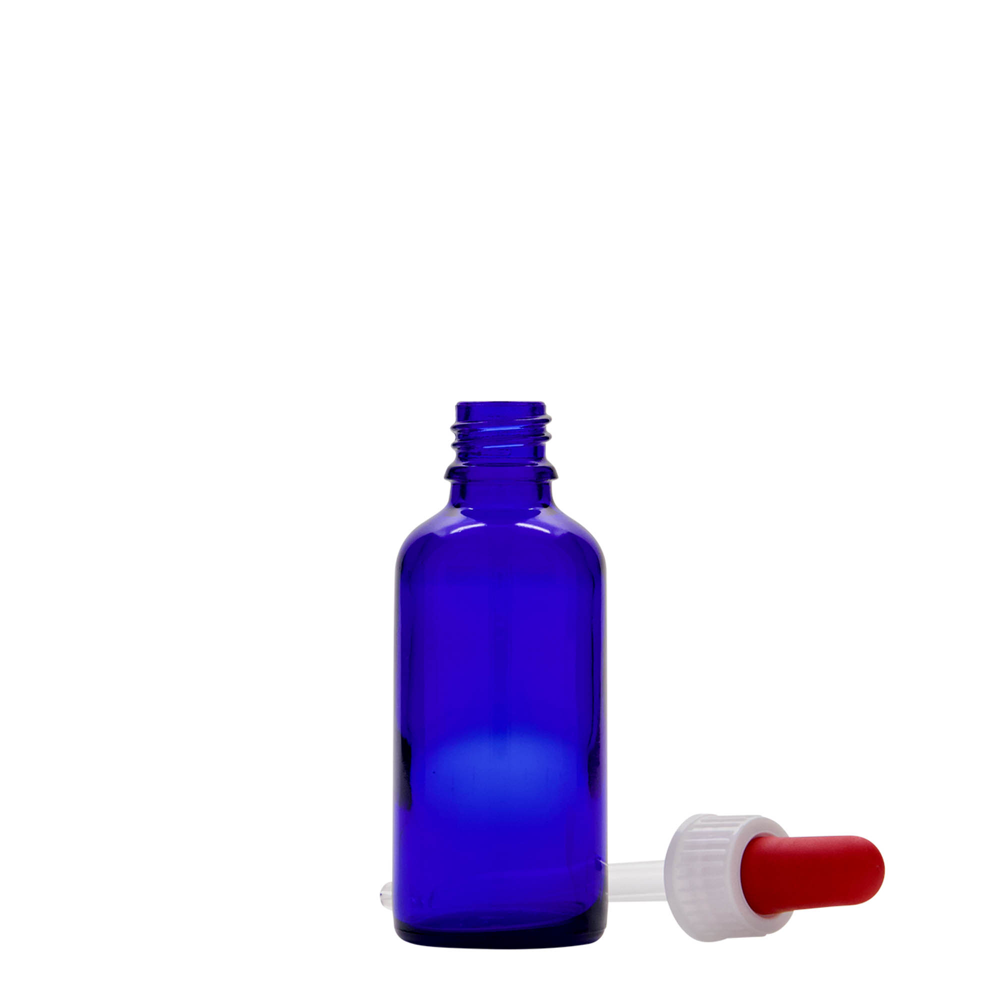 Frasco conta-gotas de 50 ml para medicamentos, vidro, azul royal-vermelho, bocal: DIN 18 Frasco conta-gotas de 50 ml para medicamentos, vidro, azul royal-vermelho, bocal: DIN 18