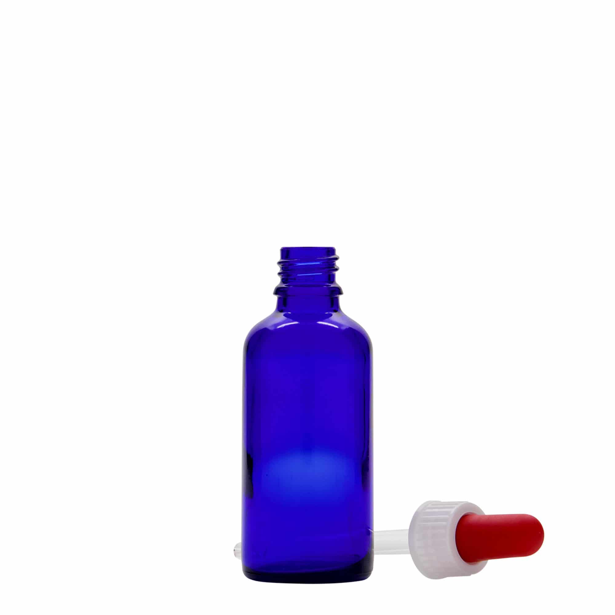 Frasco conta-gotas de 50 ml para medicamentos, vidro, azul royal-vermelho, bocal: DIN 18