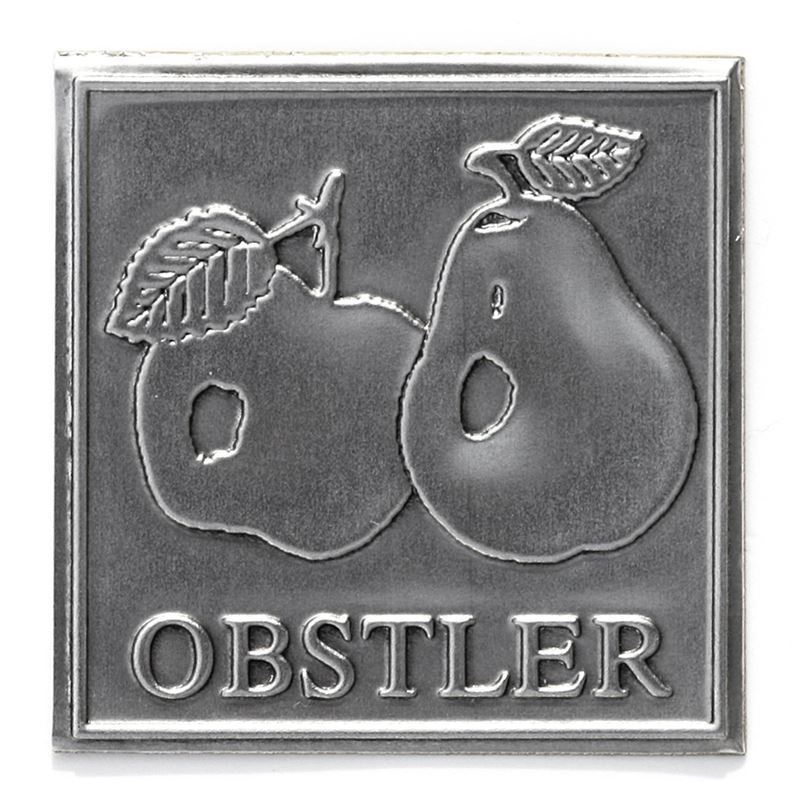 Etiqueta de estanho 'Obstler', quadrada, metal, prata Etiqueta de estanho 'Obstler', quadrada, metal, prata