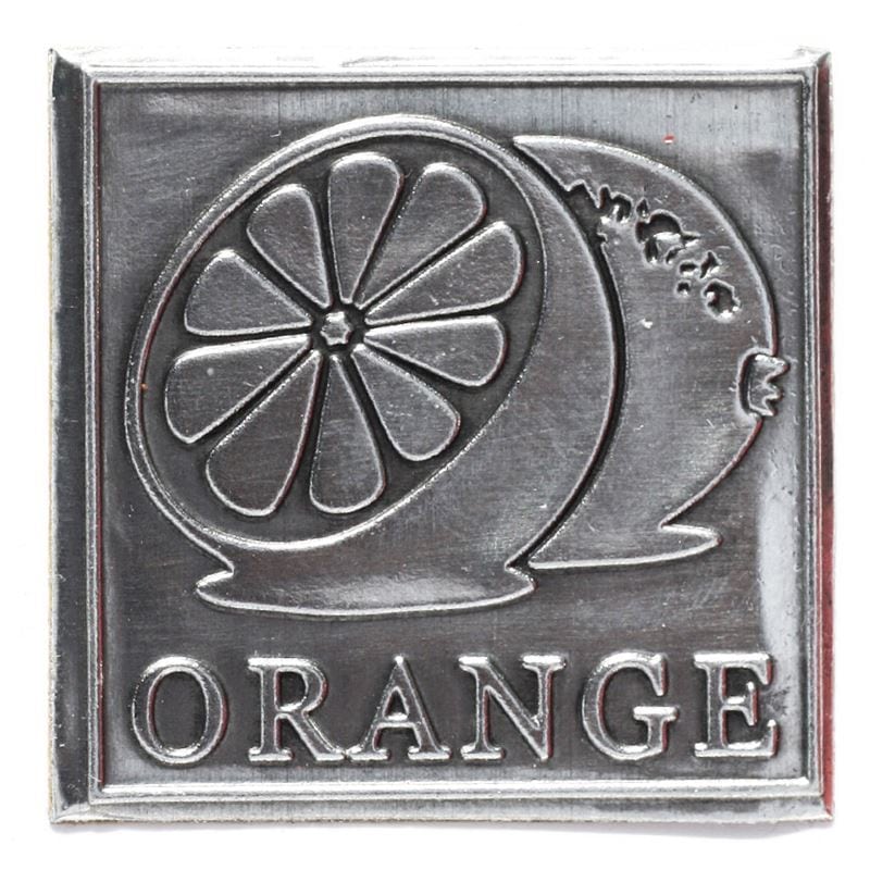 Etiqueta de estanho 'Laranja', quadrada, metal, prateada