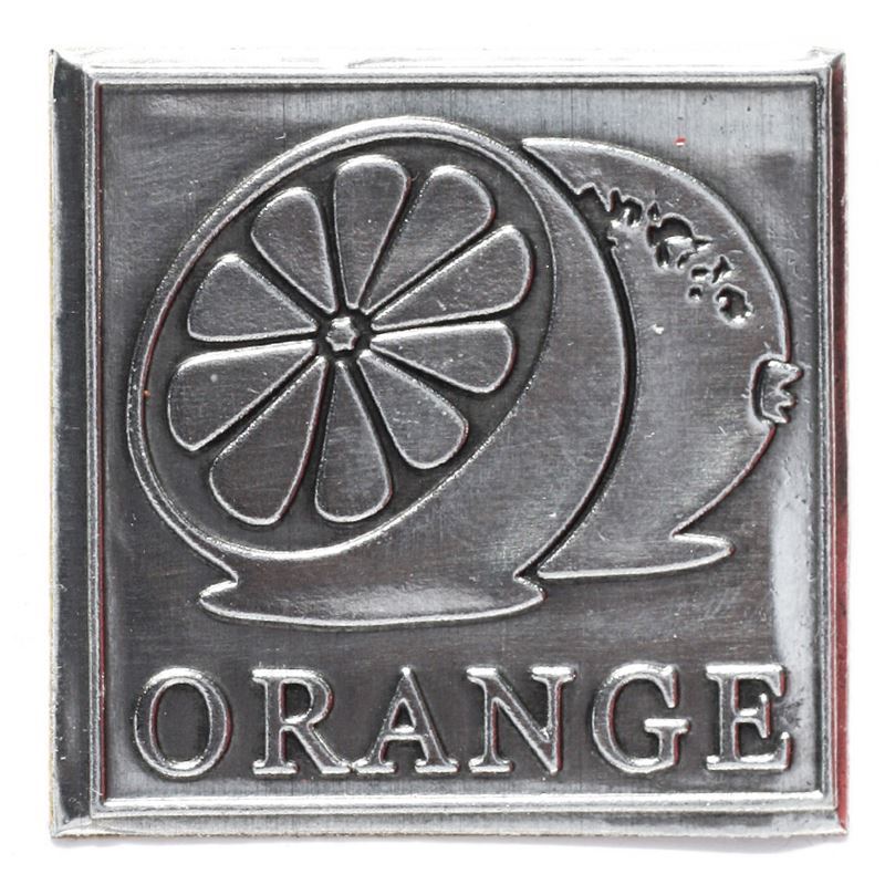 Etiqueta de estanho 'Laranja', quadrada, metal, prateada Etiqueta de estanho 'Laranja', quadrada, metal, prateada