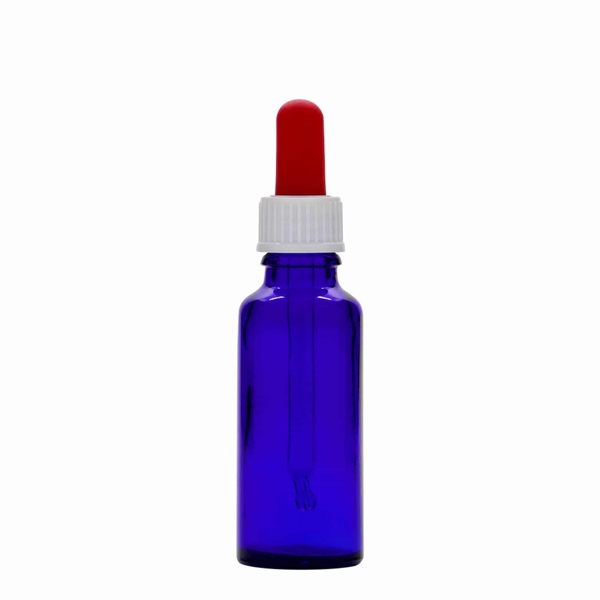 Frasco conta-gotas de 30 ml, vidro, azul royal-vermelho, bocal: DIN 18 Frasco conta-gotas de 30 ml, vidro, azul royal-vermelho, bocal: DIN 18
