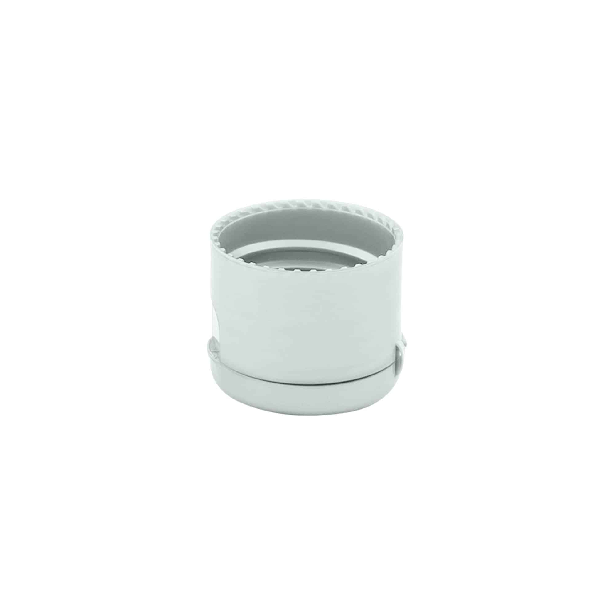 Tampa de rosca com dobradiça articulada, plástico PP, prateada, para boca: 24/410 Tampa de rosca com dobradiça articulada, plástico PP, prateada, para boca: 24/410