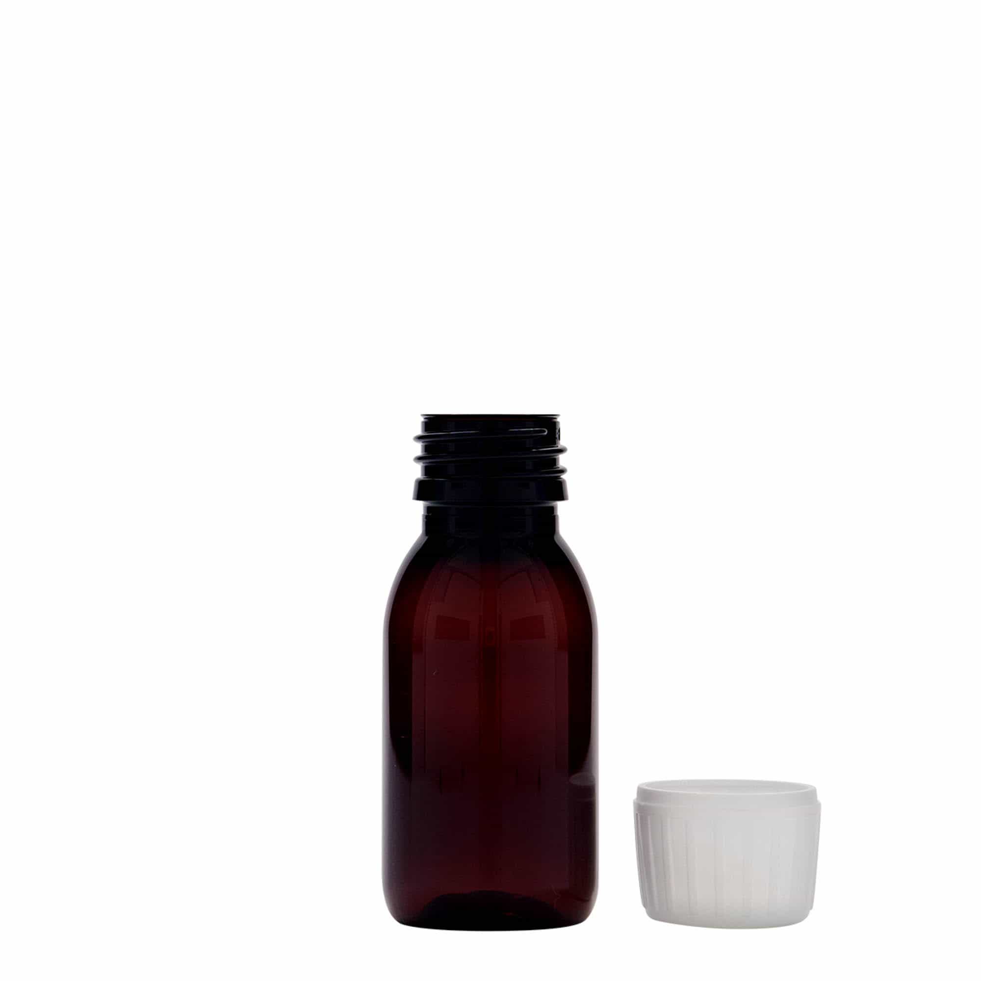 Frasco médico PET de 60 ml, castanho, plástico, boca: PP 28 Frasco médico PET de 60 ml, castanho, plástico, boca: PP 28