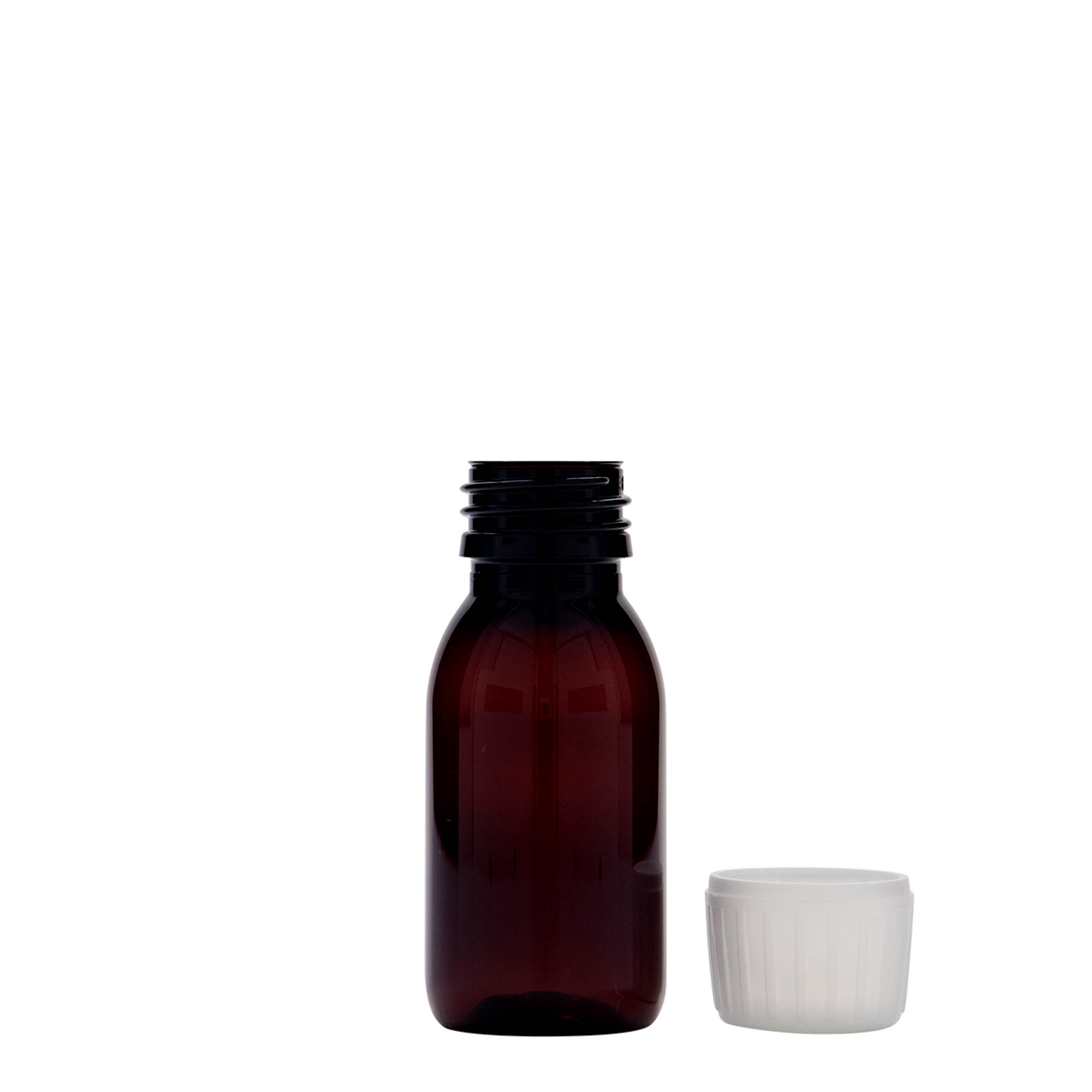 Frasco médico PET de 60 ml, castanho, plástico, boca: PP 28 Frasco médico PET de 60 ml, castanho, plástico, boca: PP 28