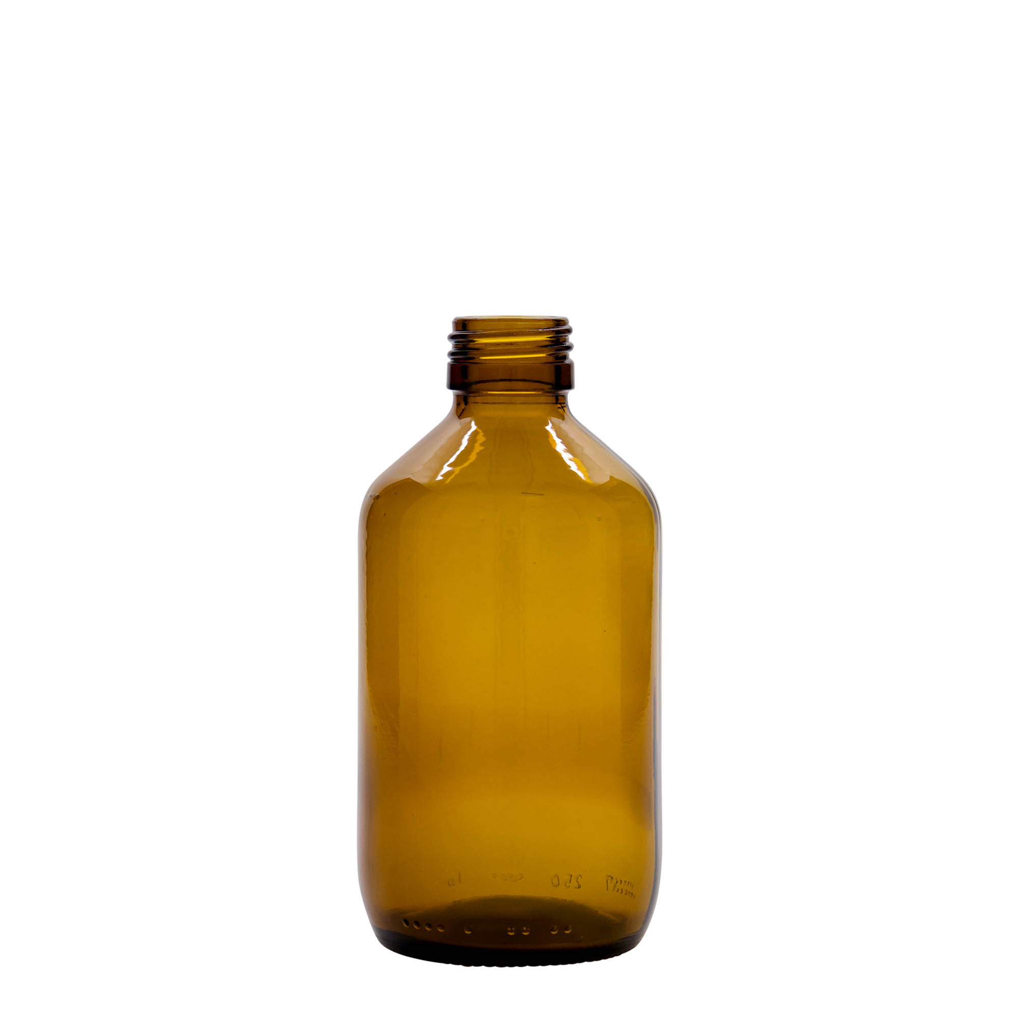 Frasco médico de 250 ml, castanho, vidro, boca: PP 28 Frasco médico de 250 ml, castanho, vidro, boca: PP 28
