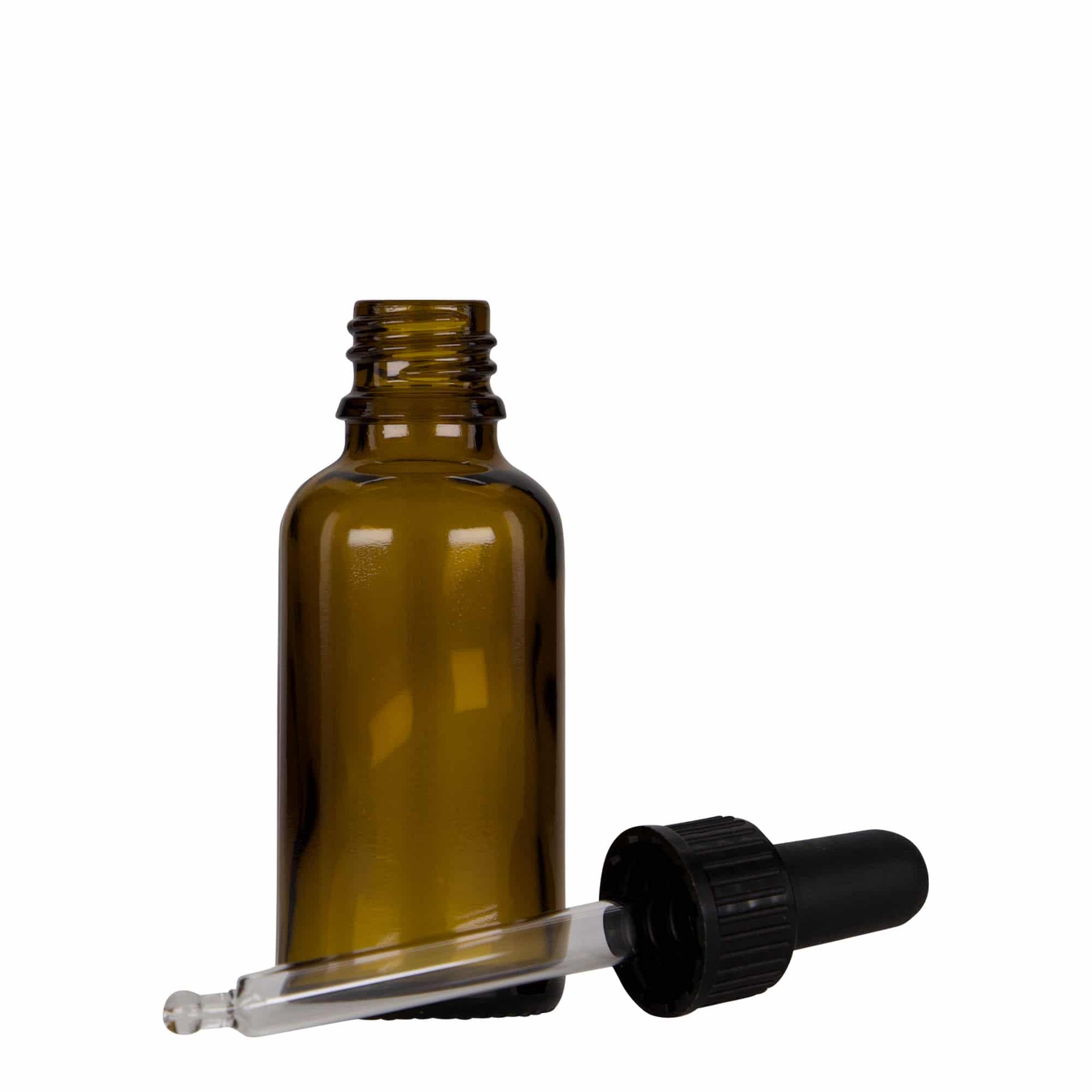 30 ml Frasco conta gotas farmacêutico, vidro, castanho-preto, boca: DIN 18