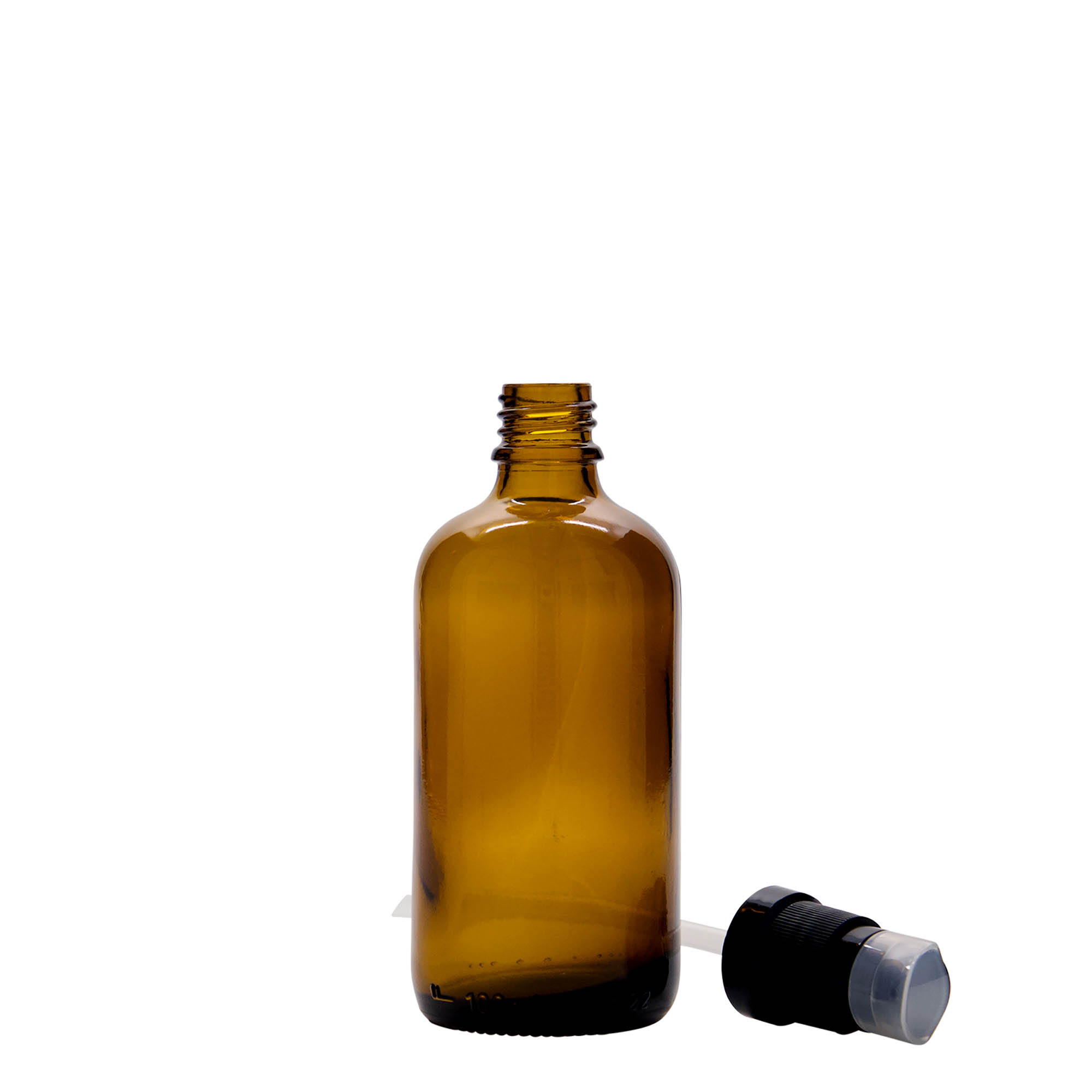 100 ml Frasco de medicamentos com dispensador de bomba, vidro, castanho, boca: DIN 18