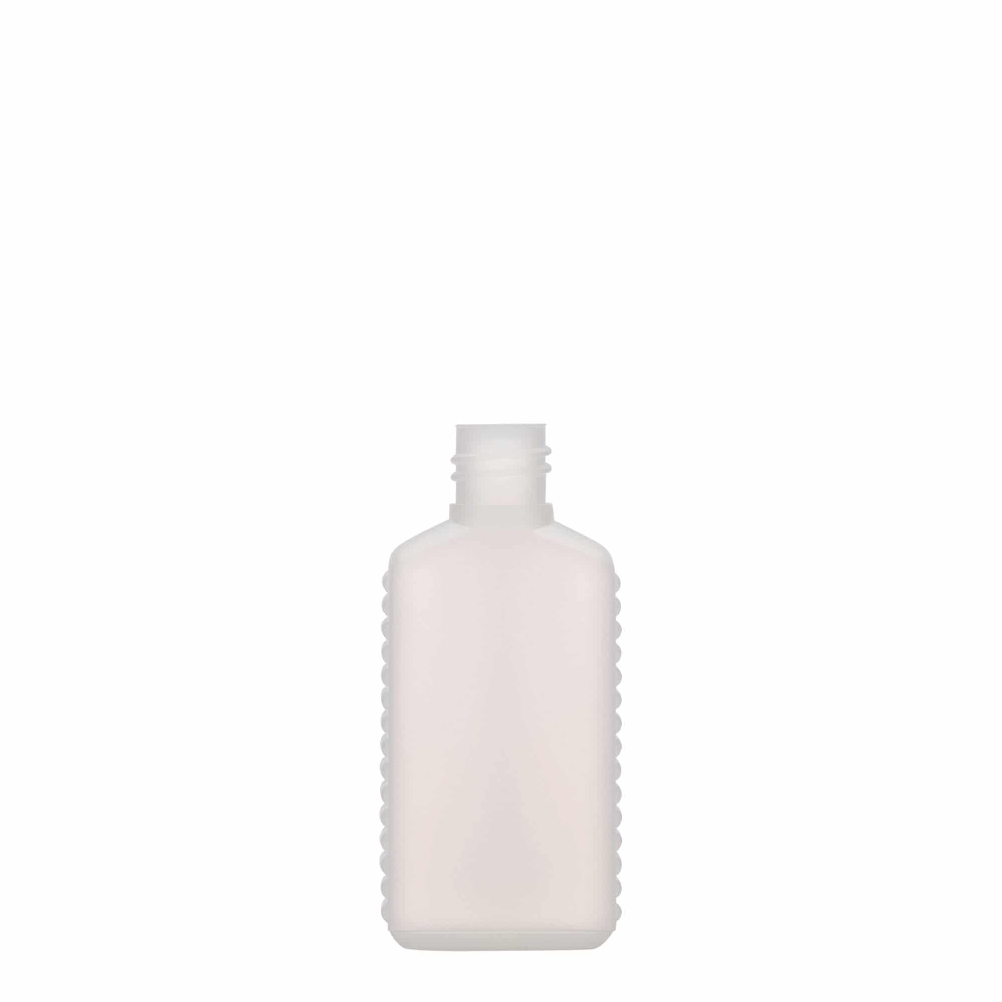 50 ml Garrafa Bidão gargalo estreito, retangular, plástico PEAD, transparente, boca: DIN 18 50 ml Garrafa Bidão gargalo estreito, retangular, plástico PEAD, transparente, boca: DIN 18