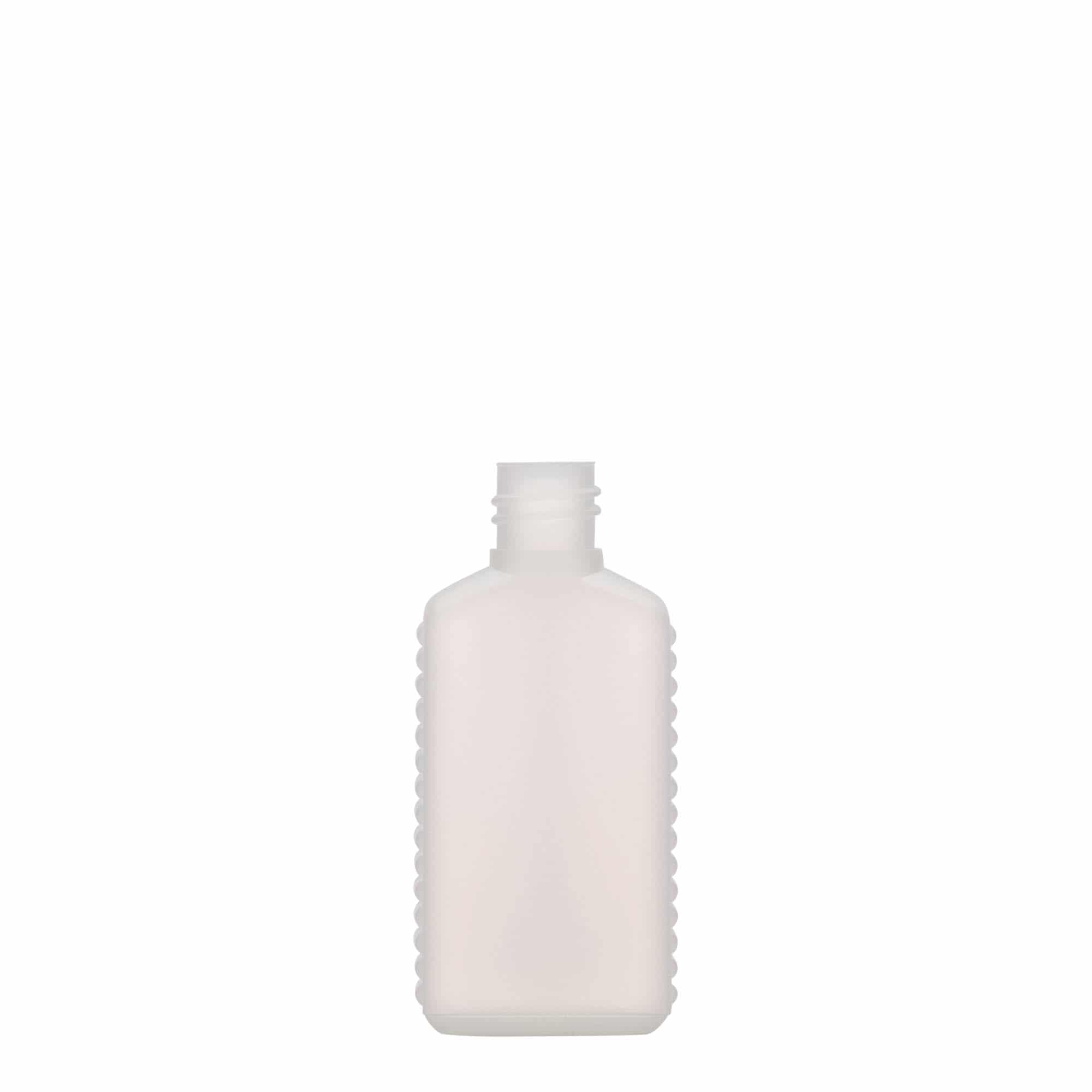 Frasco de 50 ml, garrafa com gargalo estreito, retangular, plástico HDPE, natural, boca: DIN 18