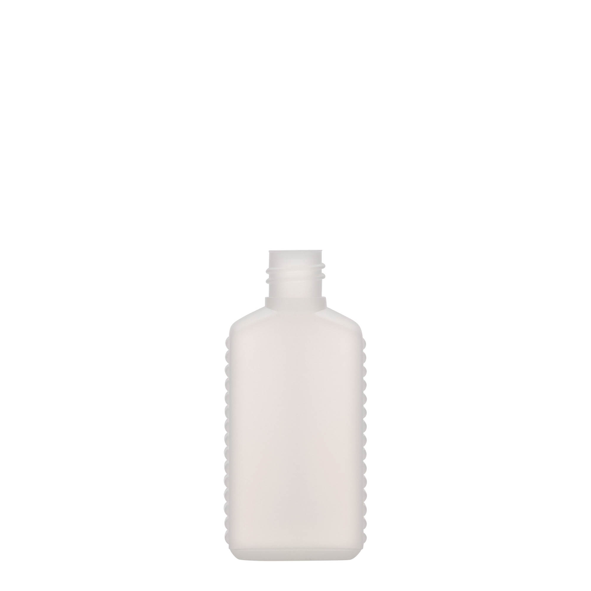 Frasco de 50 ml, garrafa com gargalo estreito, retangular, plástico HDPE, natural, boca: DIN 18 Frasco de 50 ml, garrafa com gargalo estreito, retangular, plástico HDPE, natural, boca: DIN 18