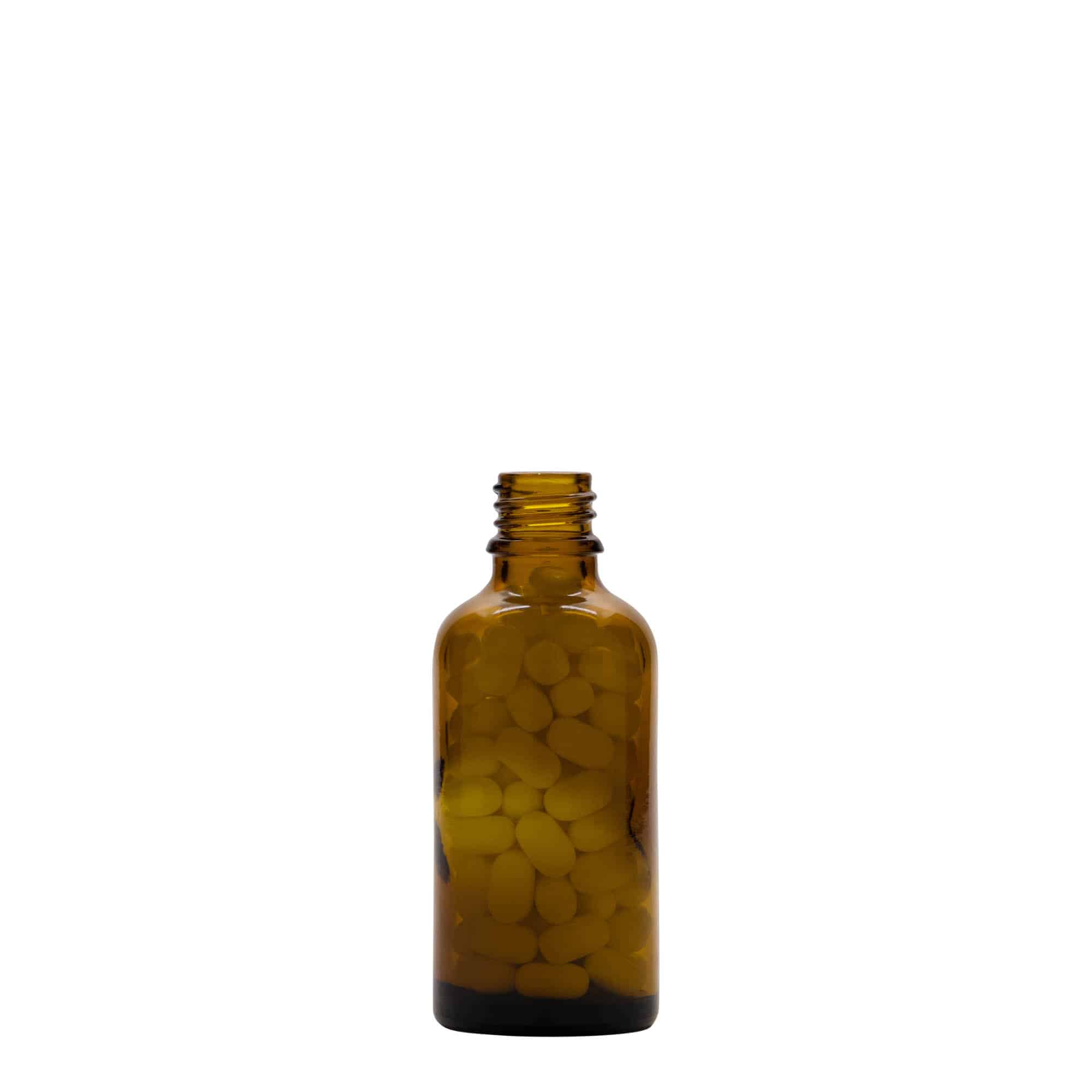 Frasco de medicamento de 50 ml, vidro, castanho, bocal: DIN 18 Frasco de medicamento de 50 ml, vidro, castanho, bocal: DIN 18