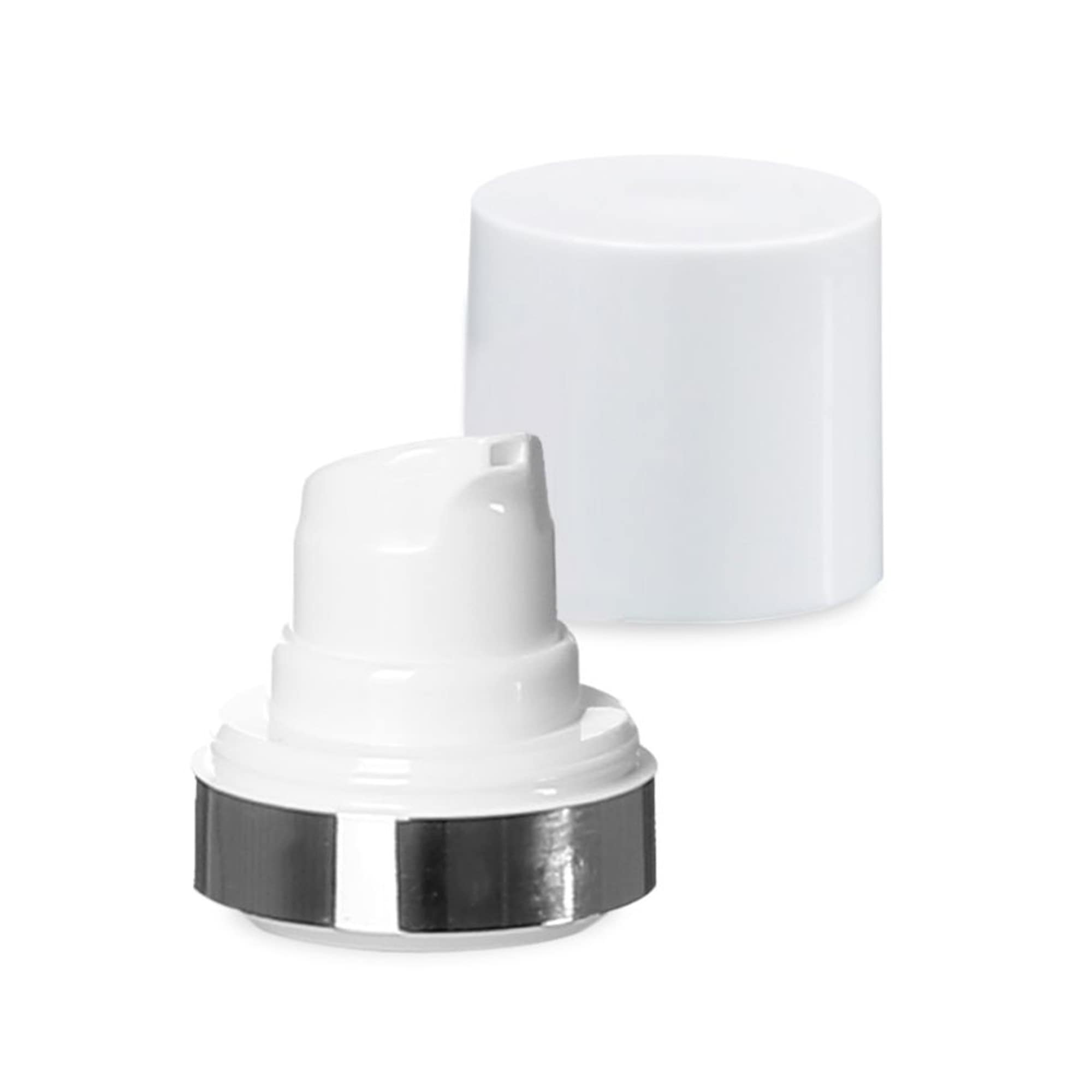 Cabeça Airless Micro com Borda Prateada + branca, tampa de encaixe brilhante