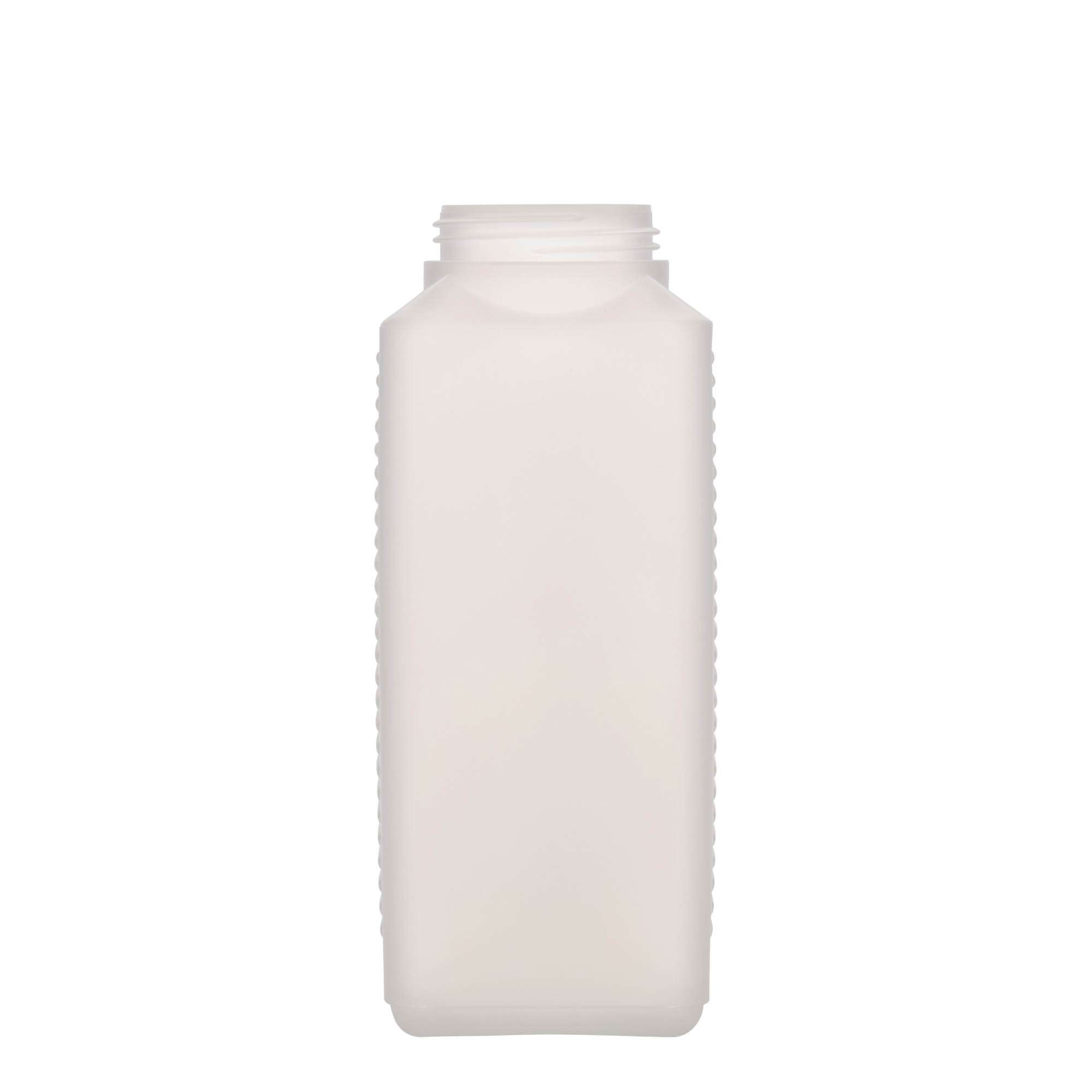 1.000 ml Garrafa de gargalo largo, retangular, plástico HDPE, natural, boca: DIN 60 EPE 1.000 ml Garrafa de gargalo largo, retangular, plástico HDPE, natural, boca: DIN 60 EPE