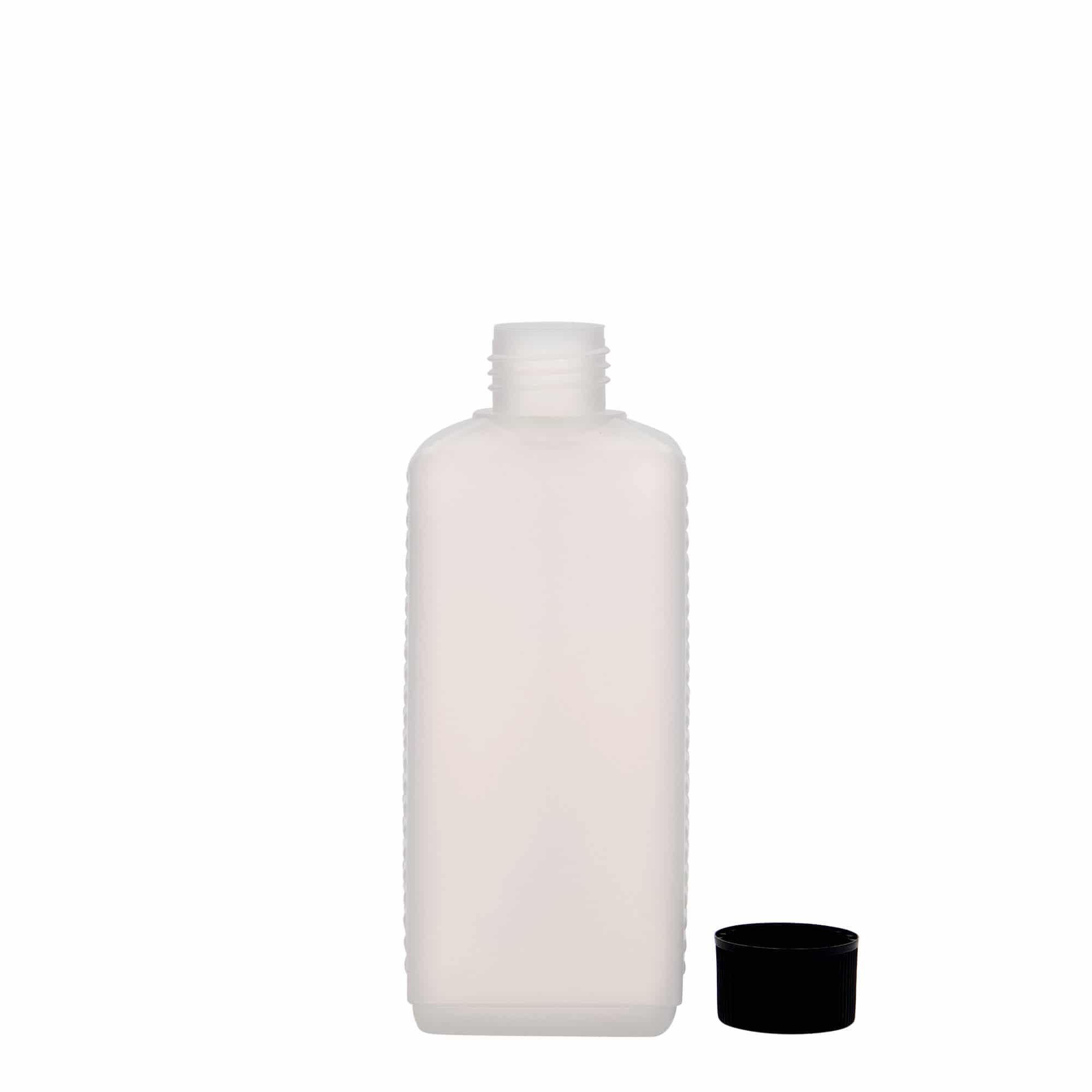Frasco em bidão de 250 ml, retangular, plástico HDPE, natural, boca: DIN 25 EPE