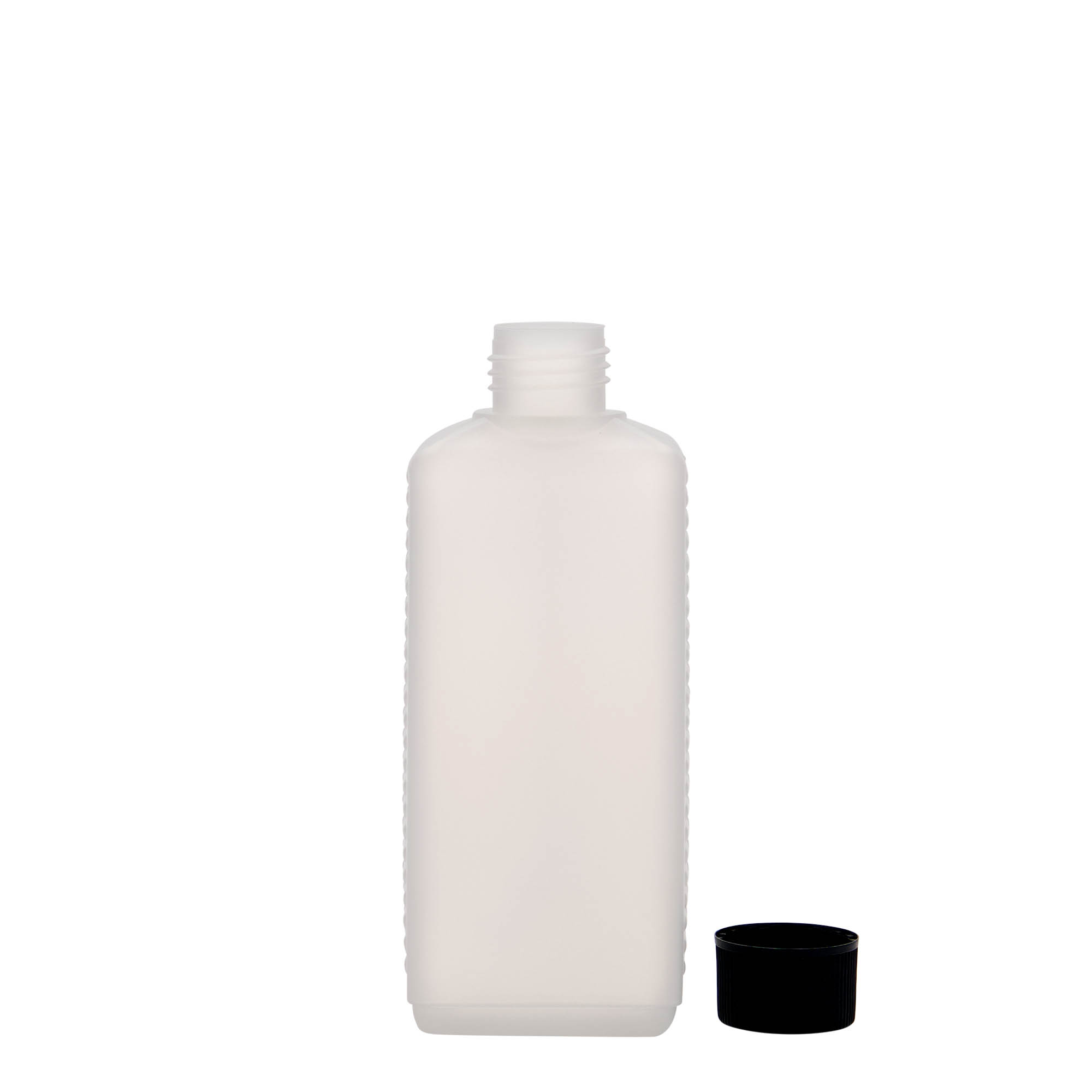 Frasco em bidão de 250 ml, retangular, plástico HDPE, natural, boca: DIN 25 EPE Frasco em bidão de 250 ml, retangular, plástico HDPE, natural, boca: DIN 25 EPE