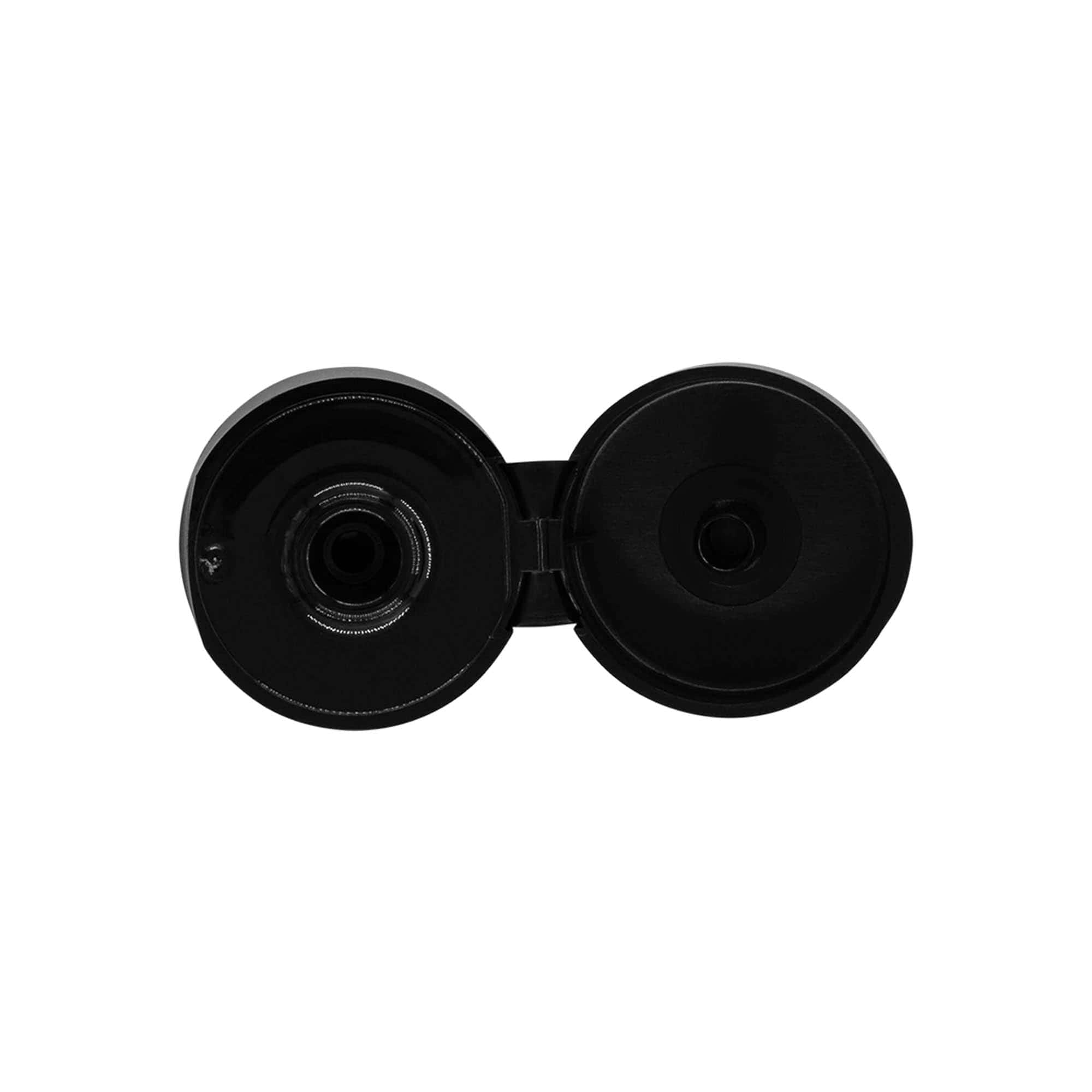 Tampa de rosca com dobradiça articulada, plástico PP, preto, para boca: 24/410 Tampa de rosca com dobradiça articulada, plástico PP, preto, para boca: 24/410