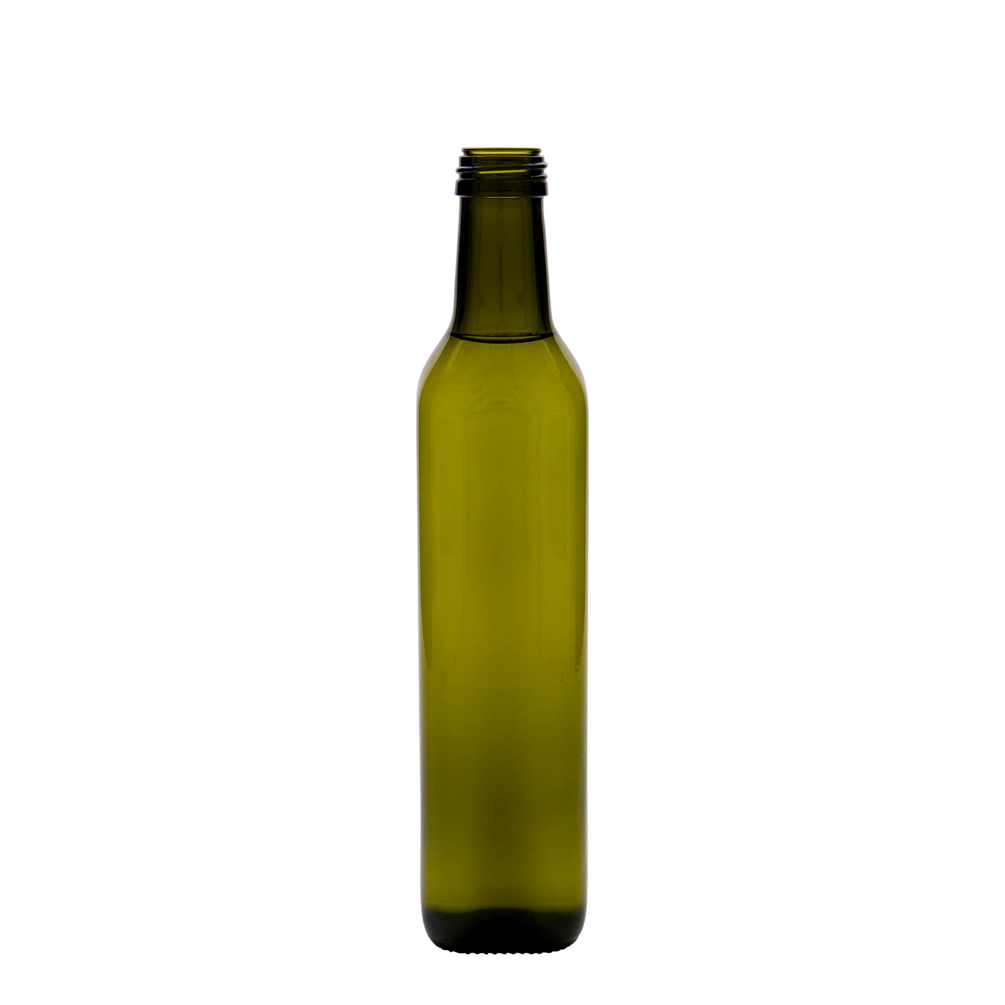 Garrafa de vidro 500 ml 'Marasca', quadrada, verde antigo, bocal: PP 31,5 Garrafa de vidro 500 ml 'Marasca', quadrada, verde antigo, bocal: PP 31,5
