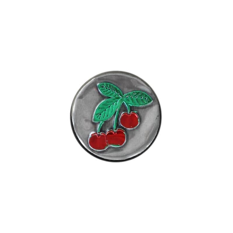 Etiqueta de estanho 'Cereja', redonda, metal, prata