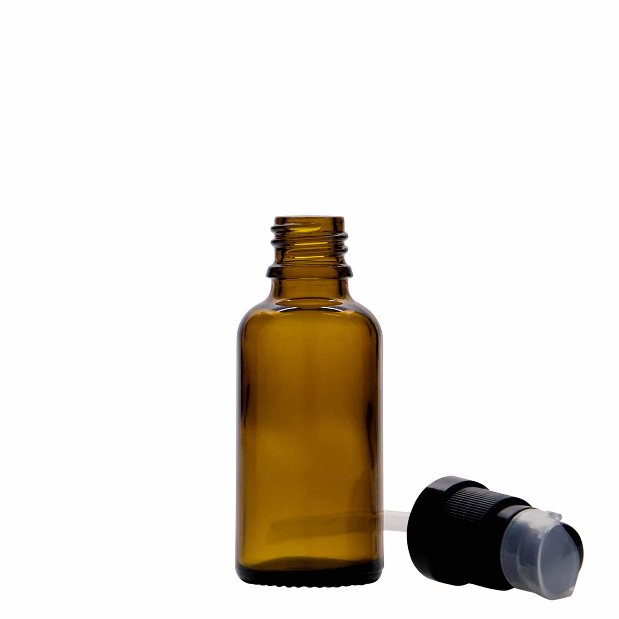 Frasco médico de 30 ml com bomba doseadora, vidro, castanho, bocal: DIN 18 Frasco médico de 30 ml com bomba doseadora, vidro, castanho, bocal: DIN 18