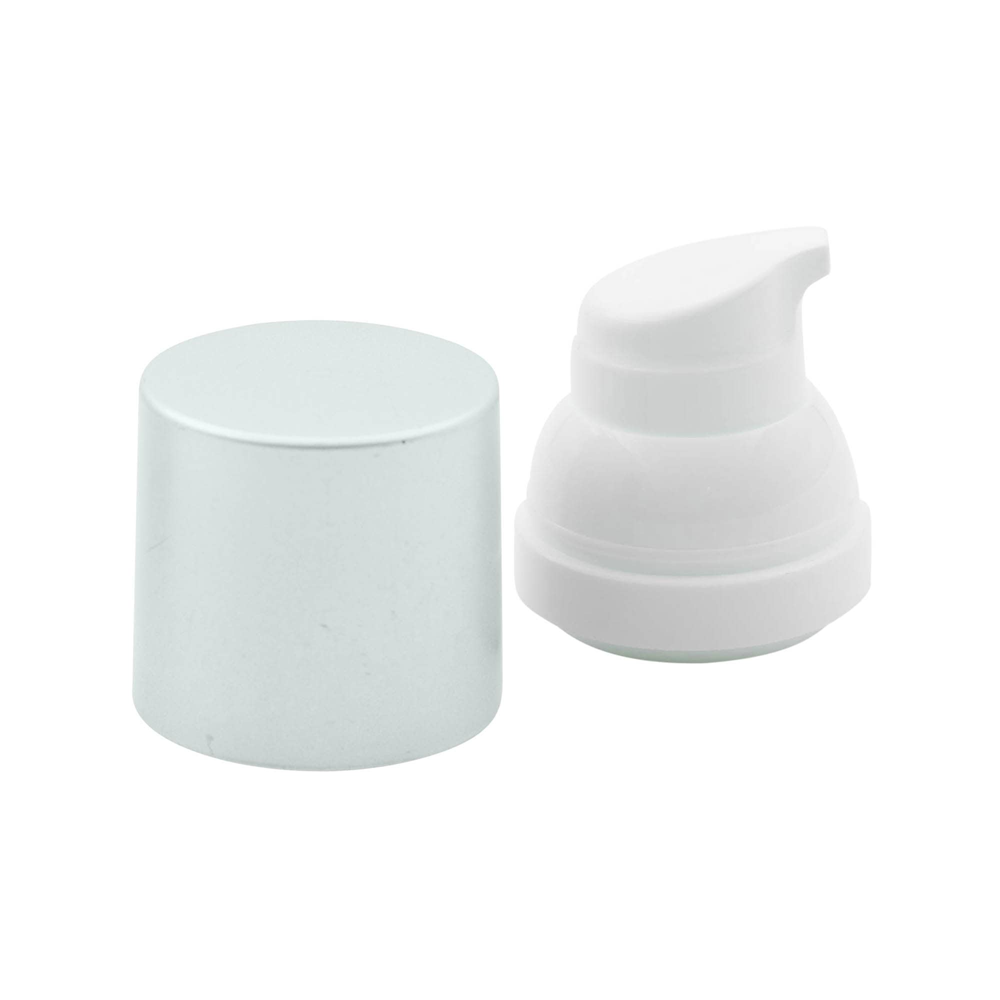 Cabeça de bomba dispensadora airless "Mezzo", tipo D, plástico PP, branco com tampa prateada mate metalizada