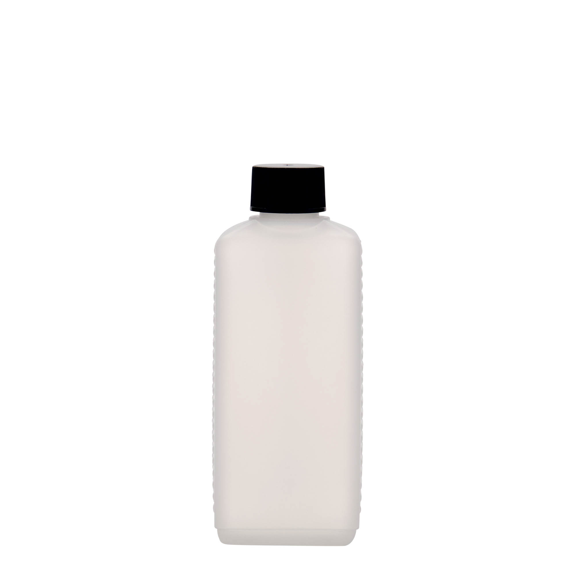 Frasco em bidão de 250 ml, retangular, plástico HDPE, natural, boca: DIN 25 EPE Frasco em bidão de 250 ml, retangular, plástico HDPE, natural, boca: DIN 25 EPE