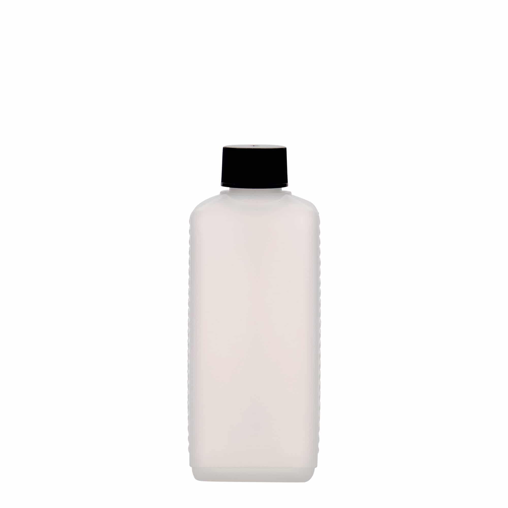 Frasco em bidão de 250 ml, retangular, plástico HDPE, natural, boca: DIN 25 EPE