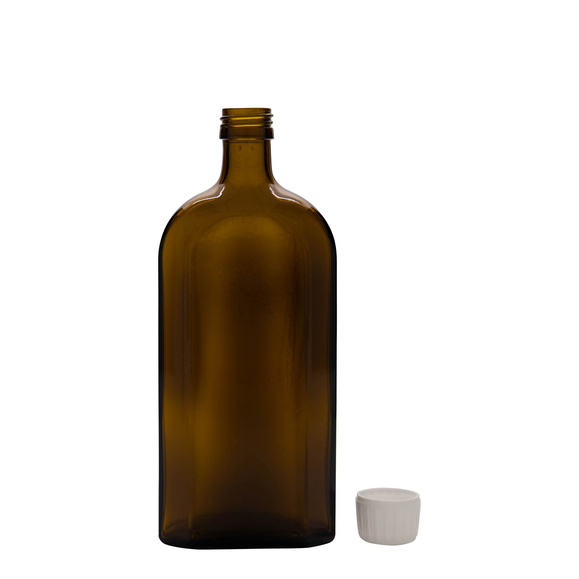 Frasco médico de 500 ml Meplat, oval, vidro, castanho, boca: PP 28 Frasco médico de 500 ml Meplat, oval, vidro, castanho, boca: PP 28