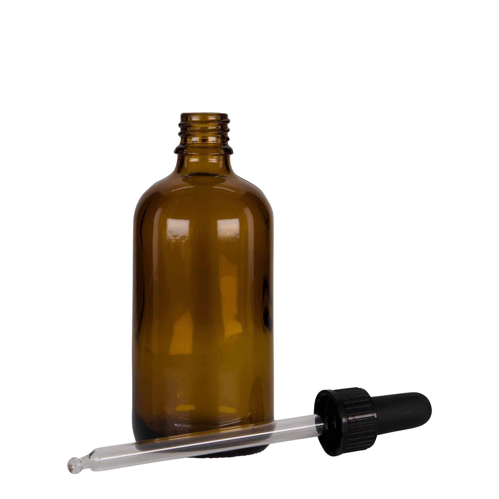 100 ml Frasco conta gotas farmacêutico, vidro, castanho-preto, boca: DIN 18