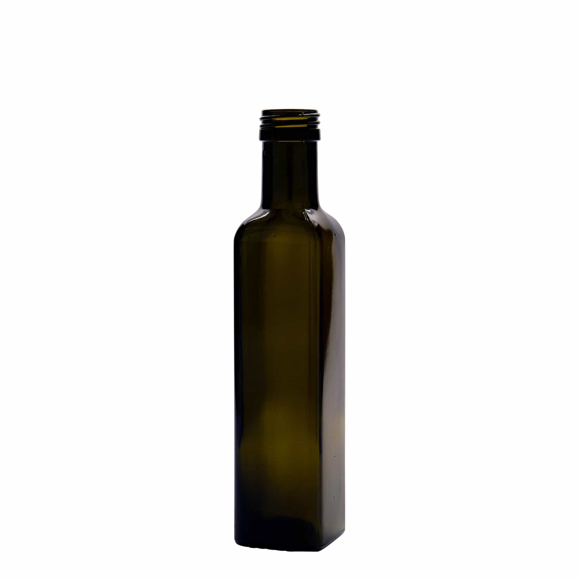 Garrafa de vidro 250 ml 'Marasca', quadrada, verde antigo, bocal: PP 31,5 Garrafa de vidro 250 ml 'Marasca', quadrada, verde antigo, bocal: PP 31,5