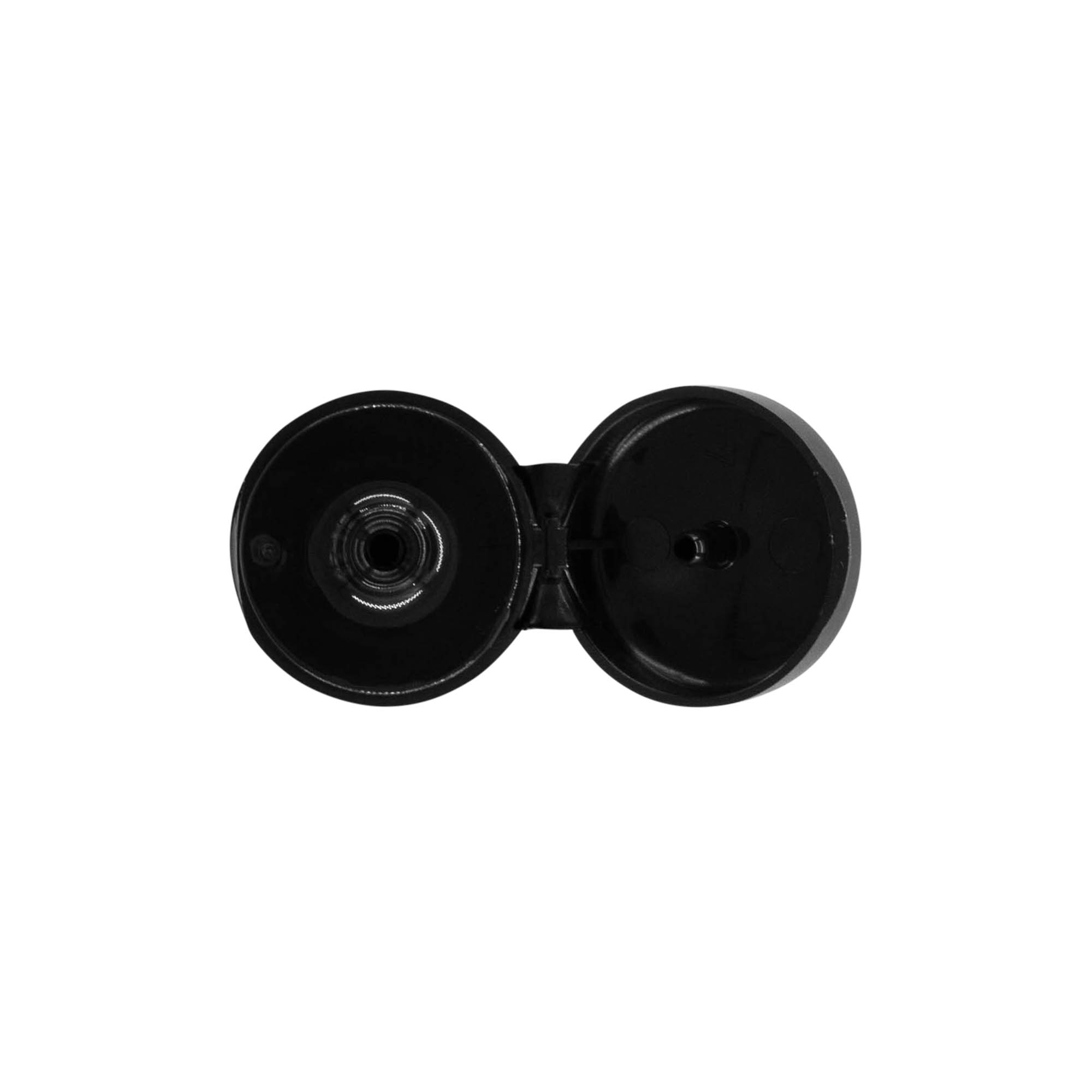 Tampa de rosca com dobradiça articulada, plástico PP, preta, para boca: 20/410