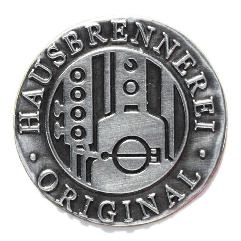 Etiqueta de estanho 'Distilaria doméstica', redonda, metal, prateado
