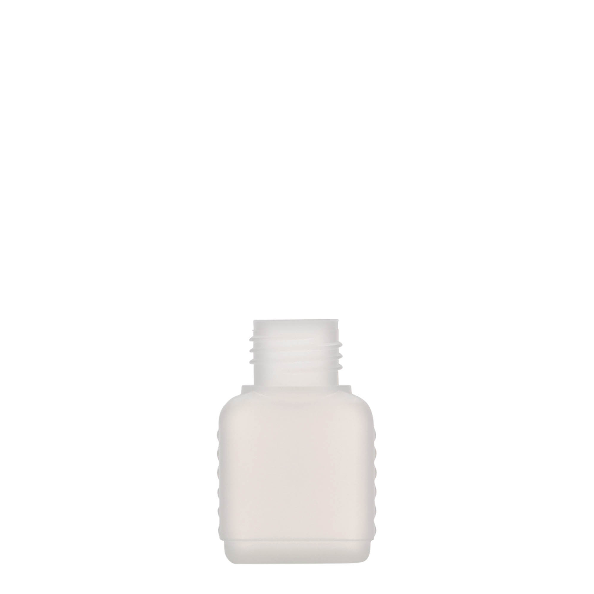 Frasco de 50 ml em bidão, retangular, plástico HDPE, natural, boca: DIN 25 Frasco de 50 ml em bidão, retangular, plástico HDPE, natural, boca: DIN 25