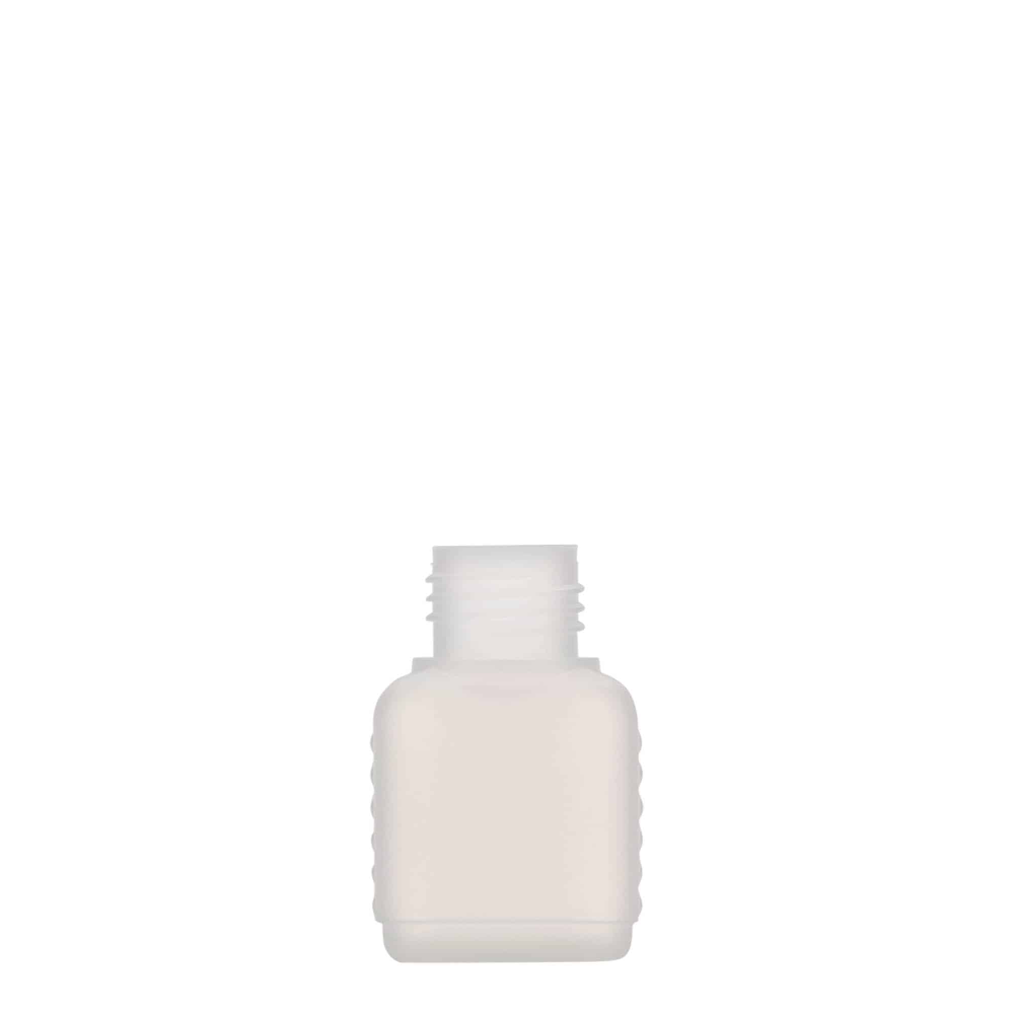 Frasco de 50 ml em bidão, retangular, plástico HDPE, natural, boca: DIN 25